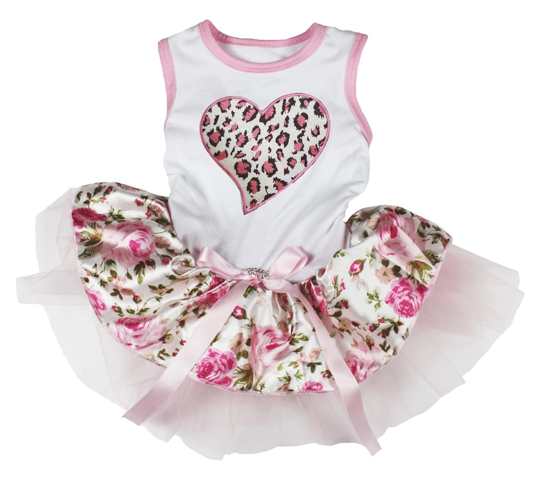 Petitebella Pink Leopard Heart Puppy Dog Dress (White/Pink Floral, Large)