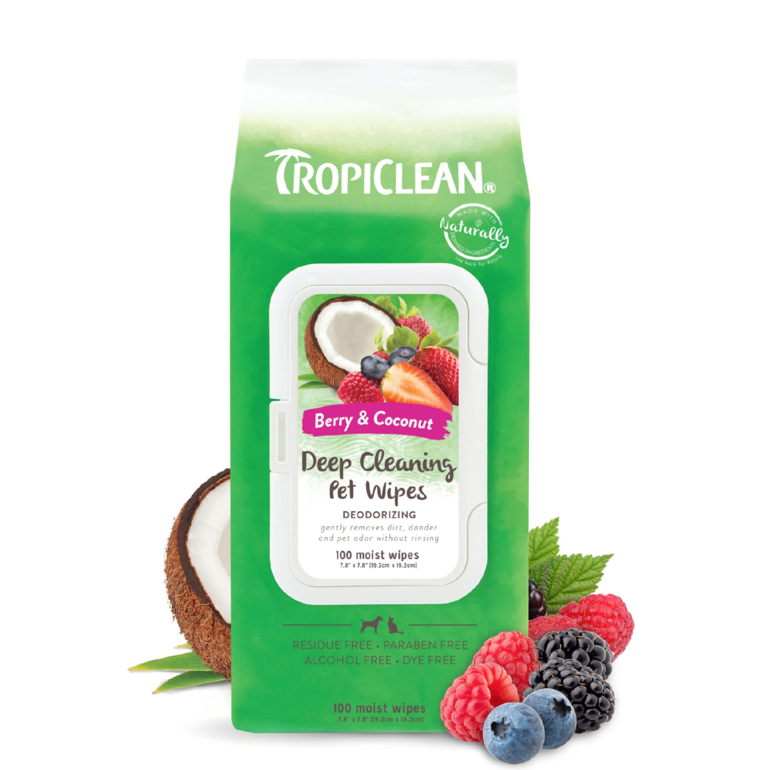 Tropiclean Berry & Coconut Dog Wipes For Paws And Butt | Deep Cleaning Dog Grooming Wipes | Safe For The Face | Cat Friendly | 100 Count