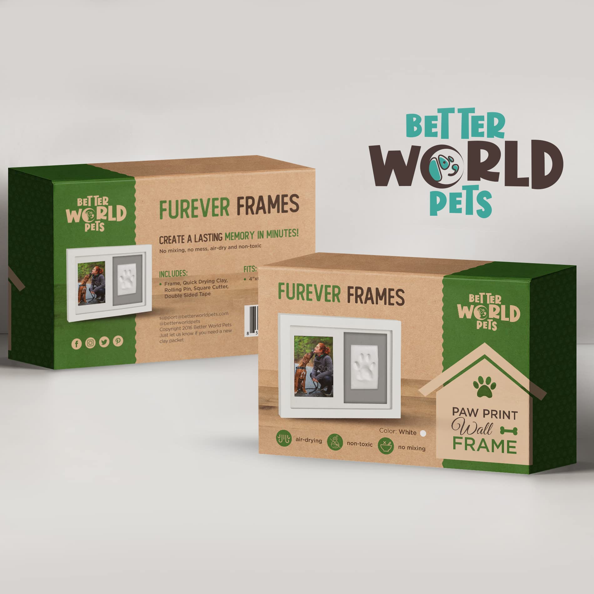 Better World Pets Paw Print + Photo Keepsake Frame Holds 4 X 6 Inch Picture  Memorial Clay Imprint Kit  For Dogs And Cats  Perfect For Pet Lovers  Wall Mount, White
