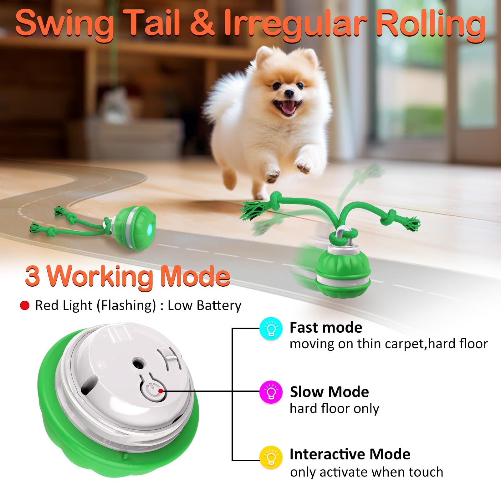 Salodal Interactive Dog Toy - USB Rechargeable Rolling Ball for Small Dogs - Green, Model P38