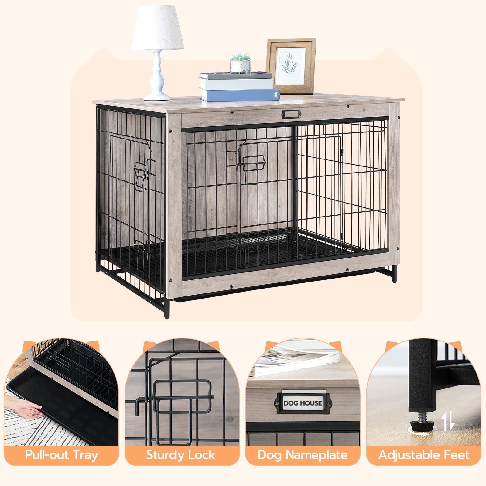 HOOBRO Dog Crate Furniture, Large Wooden Kennel 38.6”L, Greige, with Pull-Out Tray and Double Doors for Dogs, Model BG982GW03