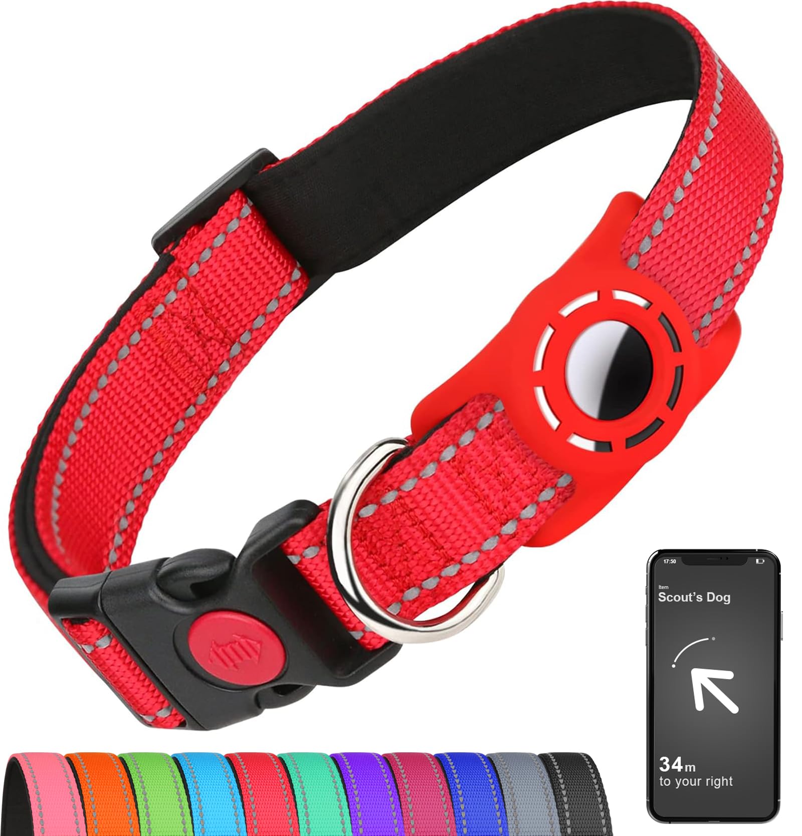 Erbine Airtag Dog Collar For Medium Dogs, Reflective Dog Collars With Airtag Holder, Soft Padded & Safety Locking Buckle, Nylon Pet Collar Adjustable For All Breeds, Red