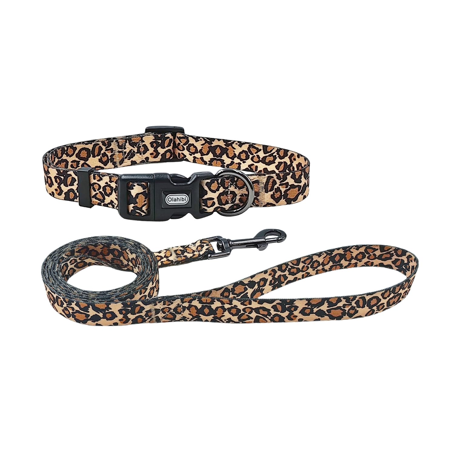 Olahibi Dog Collar Leash Set, Leopard Pattern, Polyester Material, Adjustable Collar And 5Ft Matching Leash, For Large Dogs.(L, 