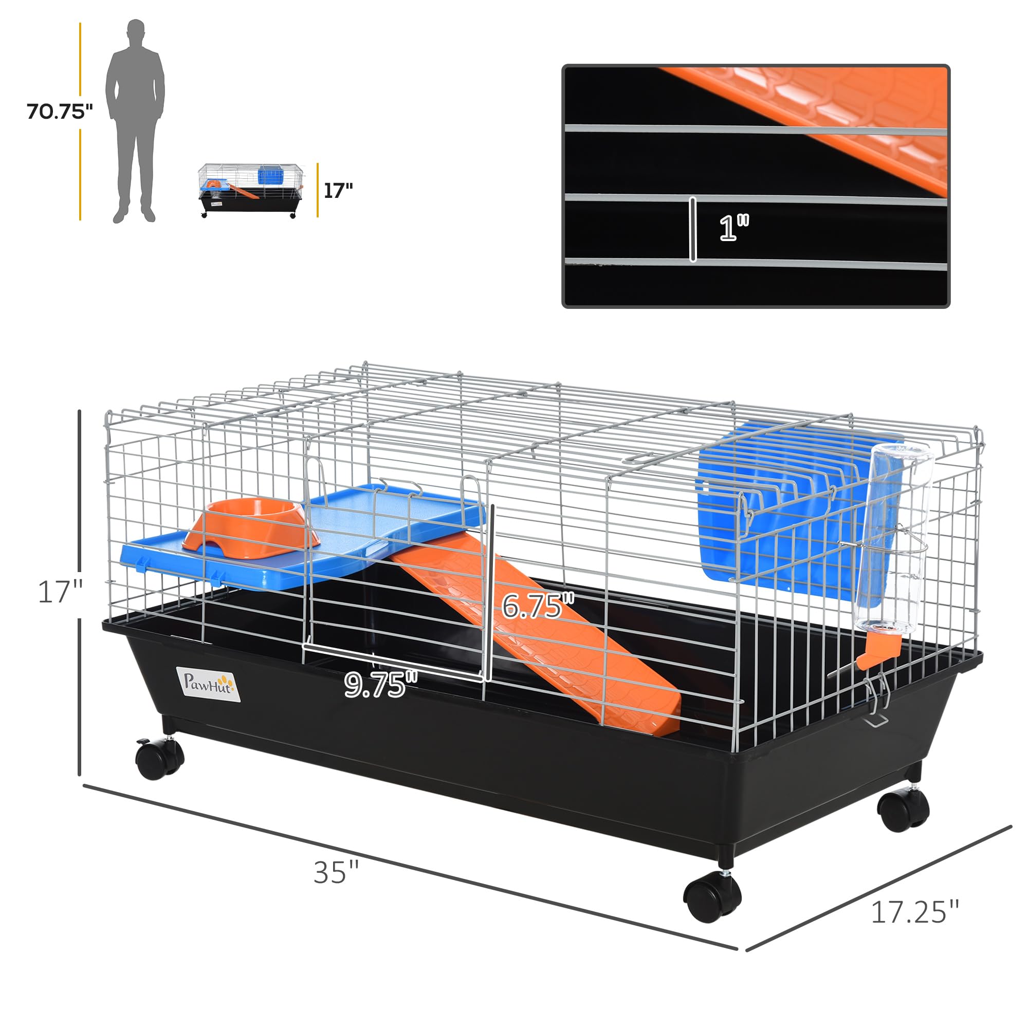 PawHut 35 L Small Animal Cage, Rolling Bunny Cage, Guinea Pig Cage with Food Dish, Water Bottle, Hay Feeder, Platform, Ramp for