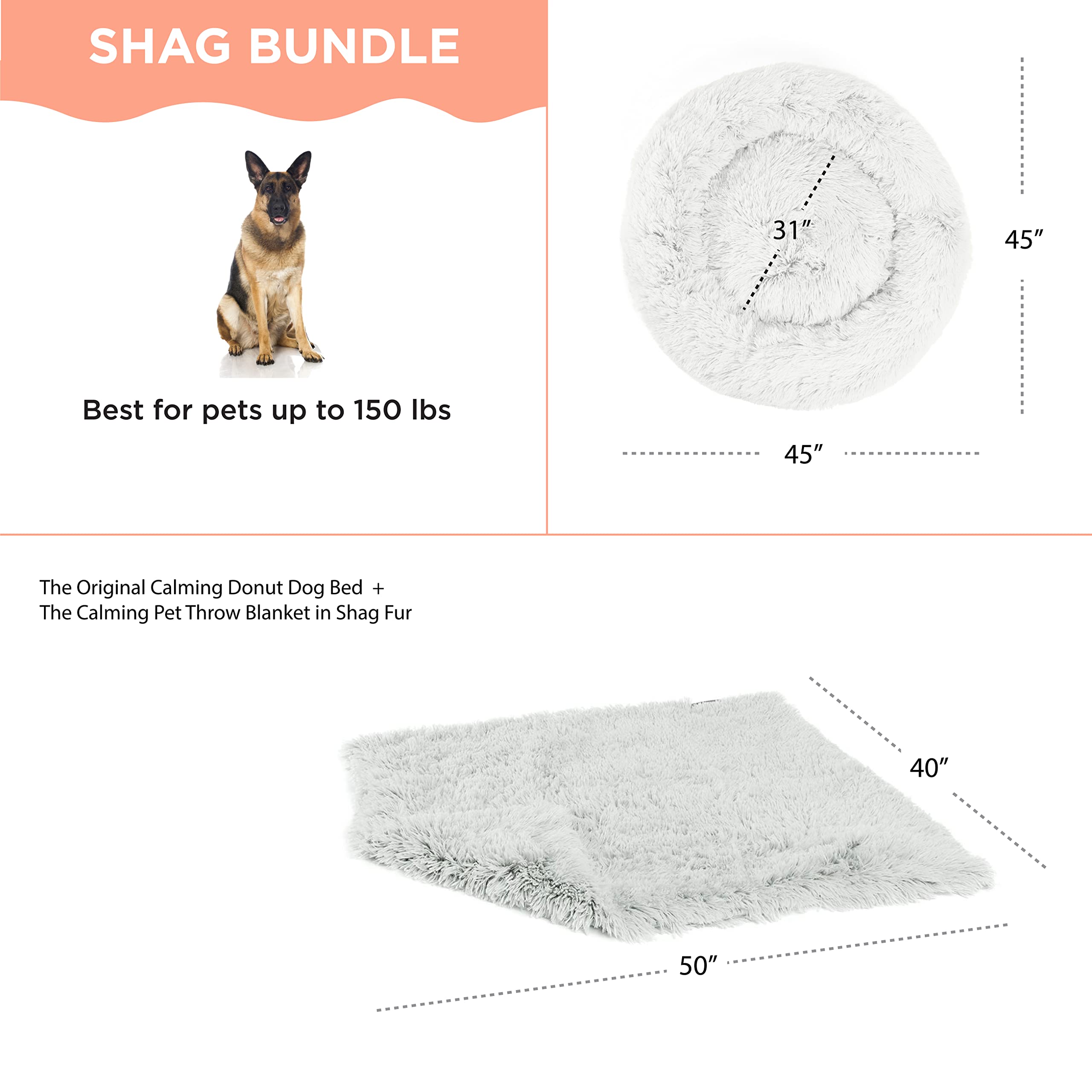 Best Friends by Sheri Bundle Set The Original Calming Shag Donut Cuddler Cat and Dog Bed + Pet Throw Blanket, Frost, Extra Large