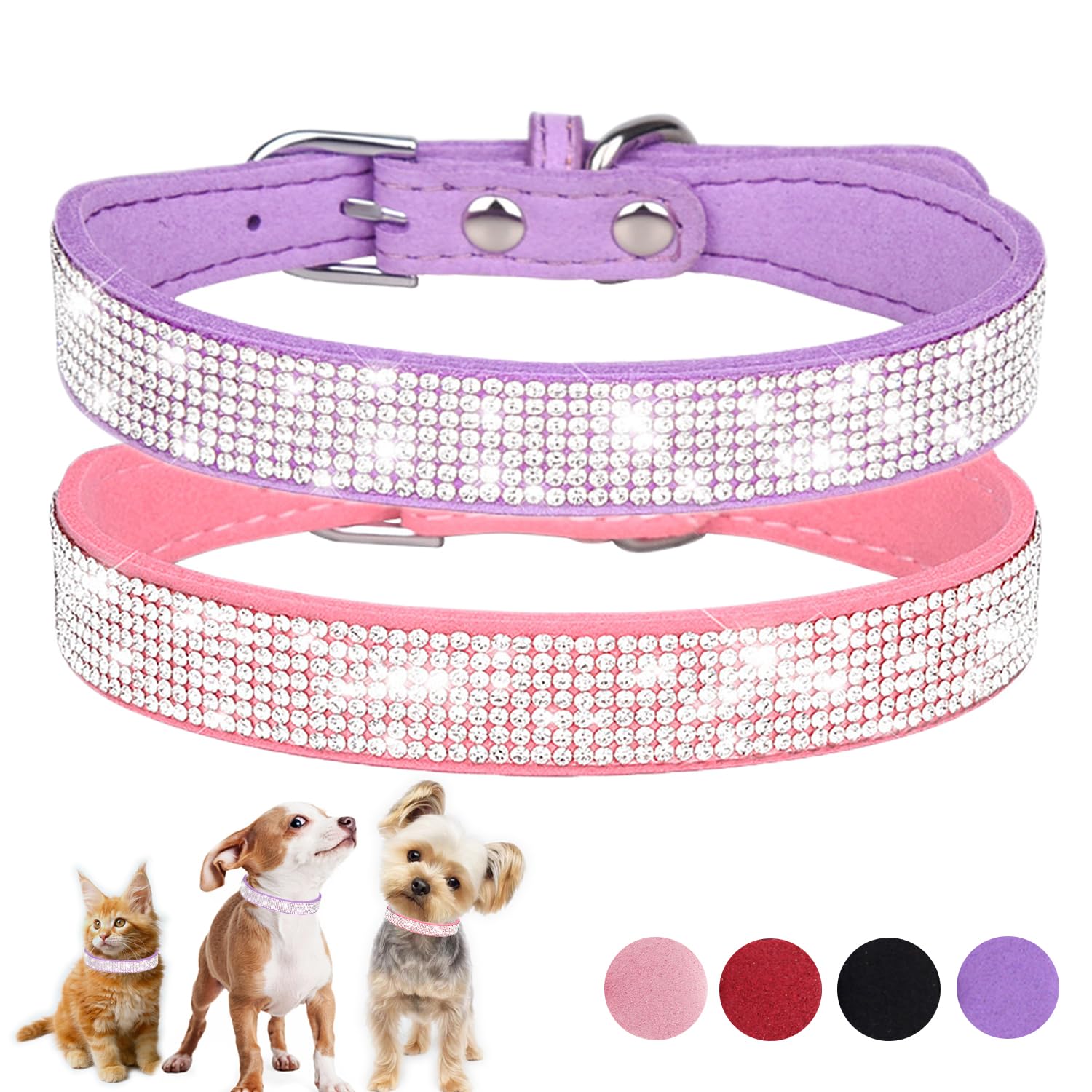 Glitter Dog Collar Xs, 2-Pack Pink+Purple Bling Diamond Cat Collar Soft Suede Sparkle Rhinestone Jewelry Crystal Female Puppy Co