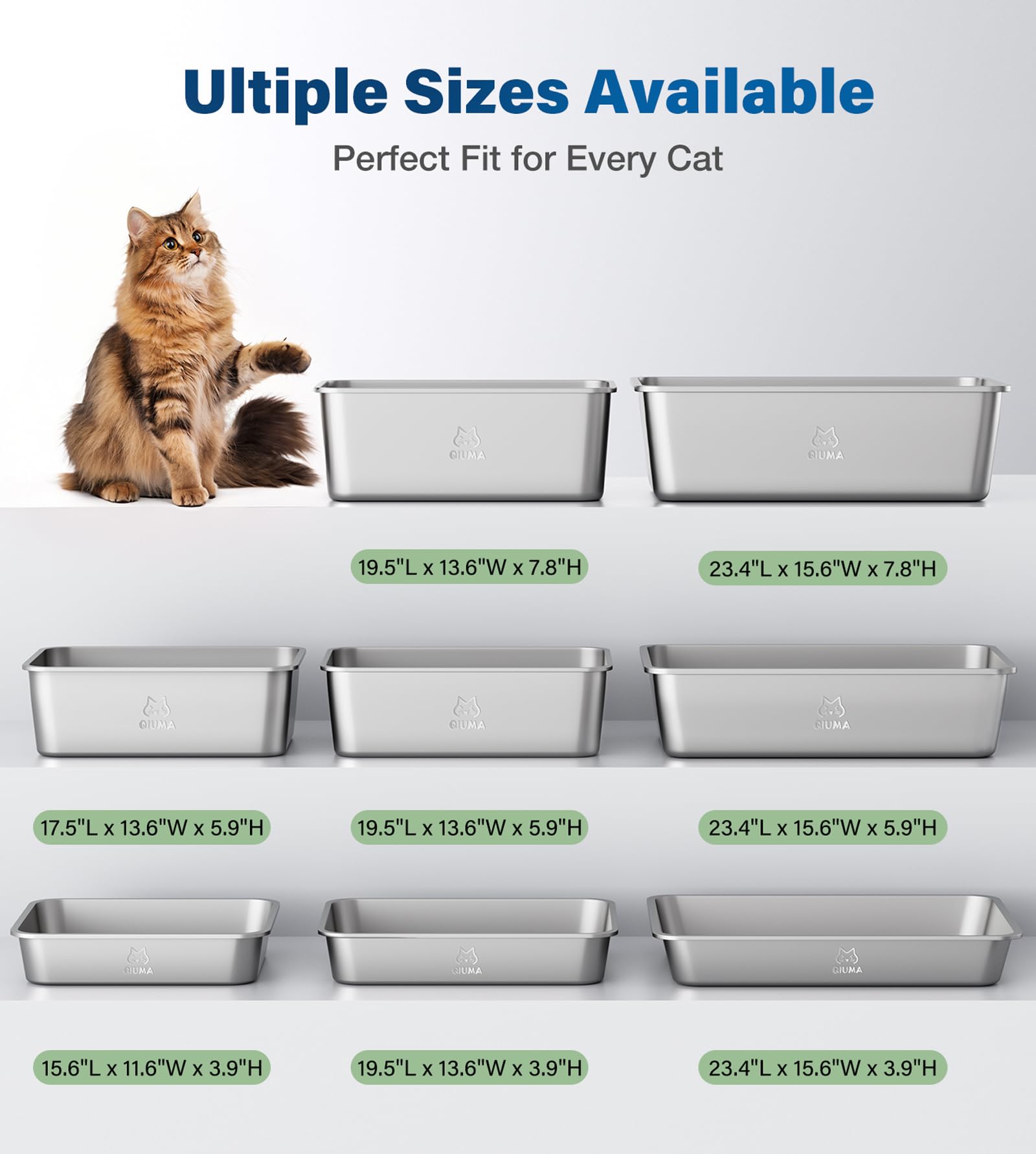 Qiuma Stainless Steel Litter Box With Handle, Large Metal Cat Litter Box With High Sided For Big And Small Cats, Kitty Litter Bo