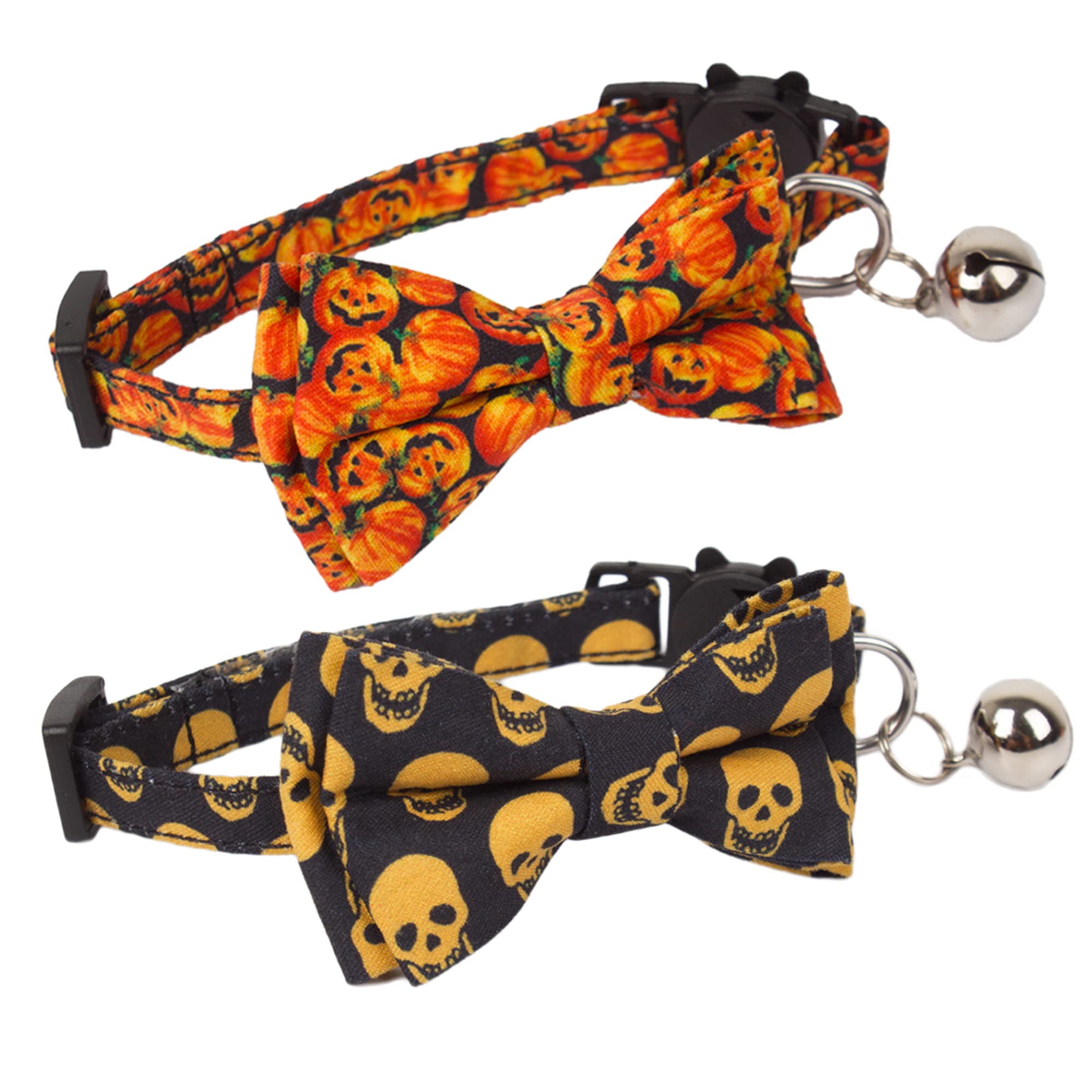 Adoggygo Halloween Cat Collar Breakaway With Bowtie Bell - 2 Pack Kitten Collar Skull Pumpkin Cat Collars With Removable Bowtie Cat Bow Collar For Cat Kitten (Halloween)