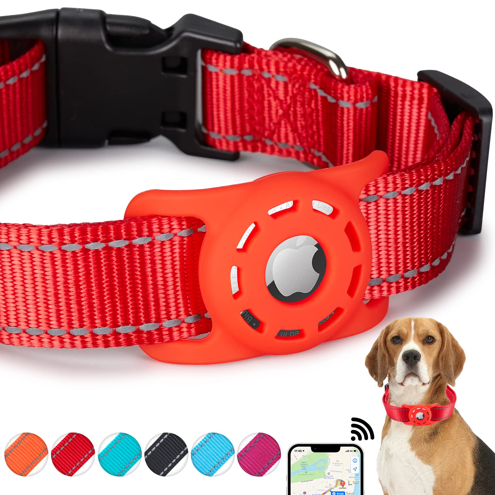 Konity Reflective Airtag Dog Collar, Compatible With Apple Airtag 2021, Nylon Pet Cat Puppy Collar With Silicone Airtag Holder For Small, Medium, Large, And Extra Large Dogs