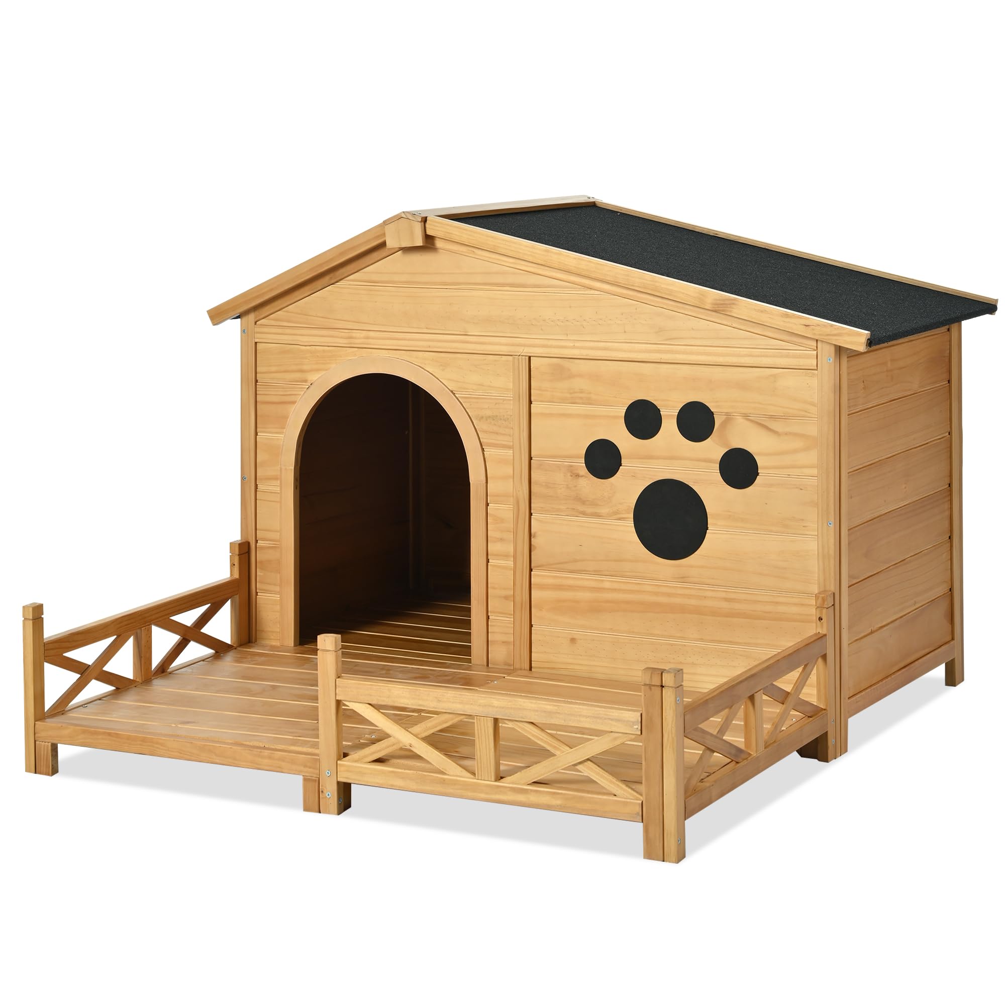 Yopto 48'' Wooden Dog House,Dog Kennel With Wide Porch,Water-Resistant Asphalt Roof And Fence,Indoor & Outdoor Dog Crate W/Paw P