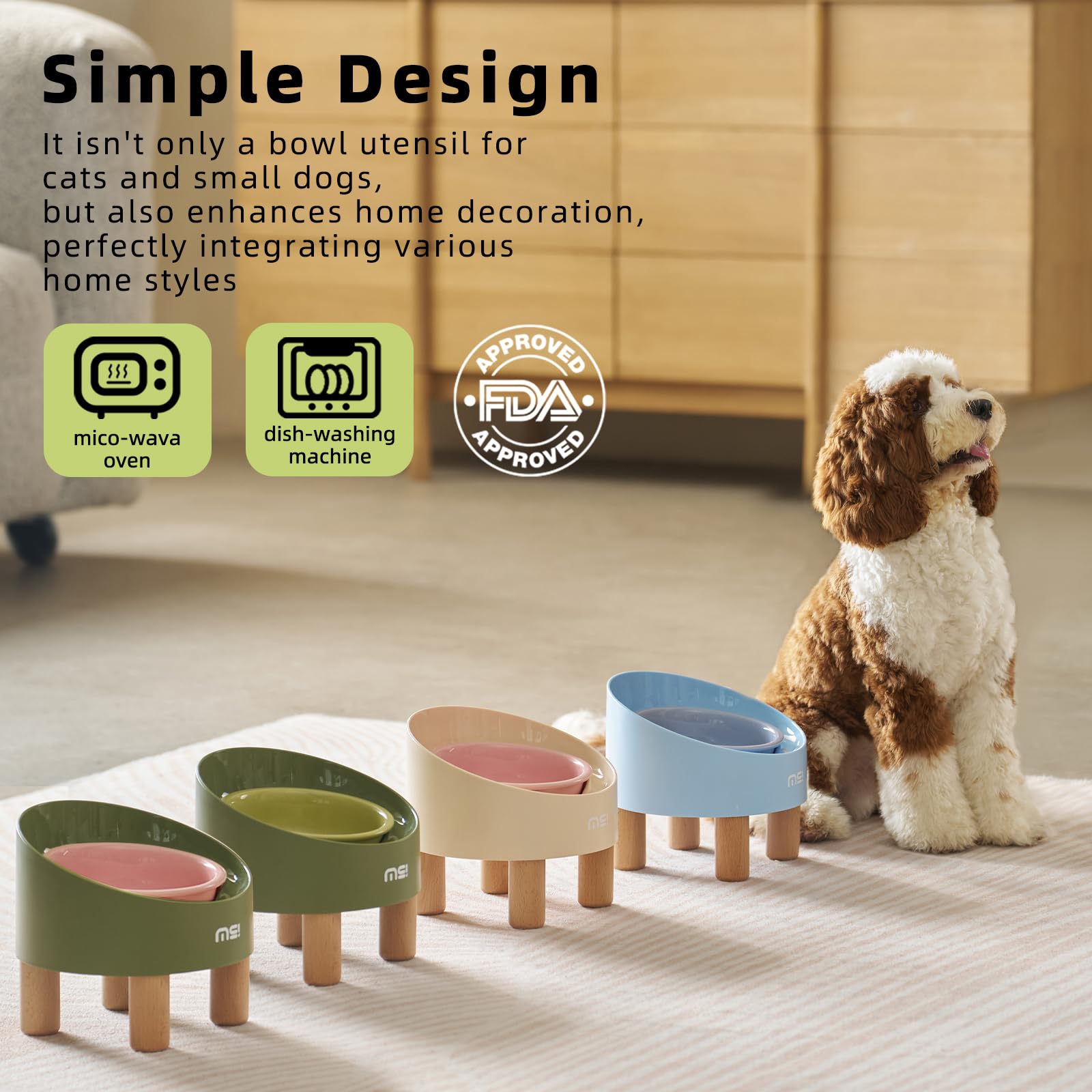 MS!MAKE SURE Ceramic Elevated Cat Bowls with Wooden Stand, Adjustable Raised Pet Bowls for Small Dogs & Cats, Anti - Slip Rubber