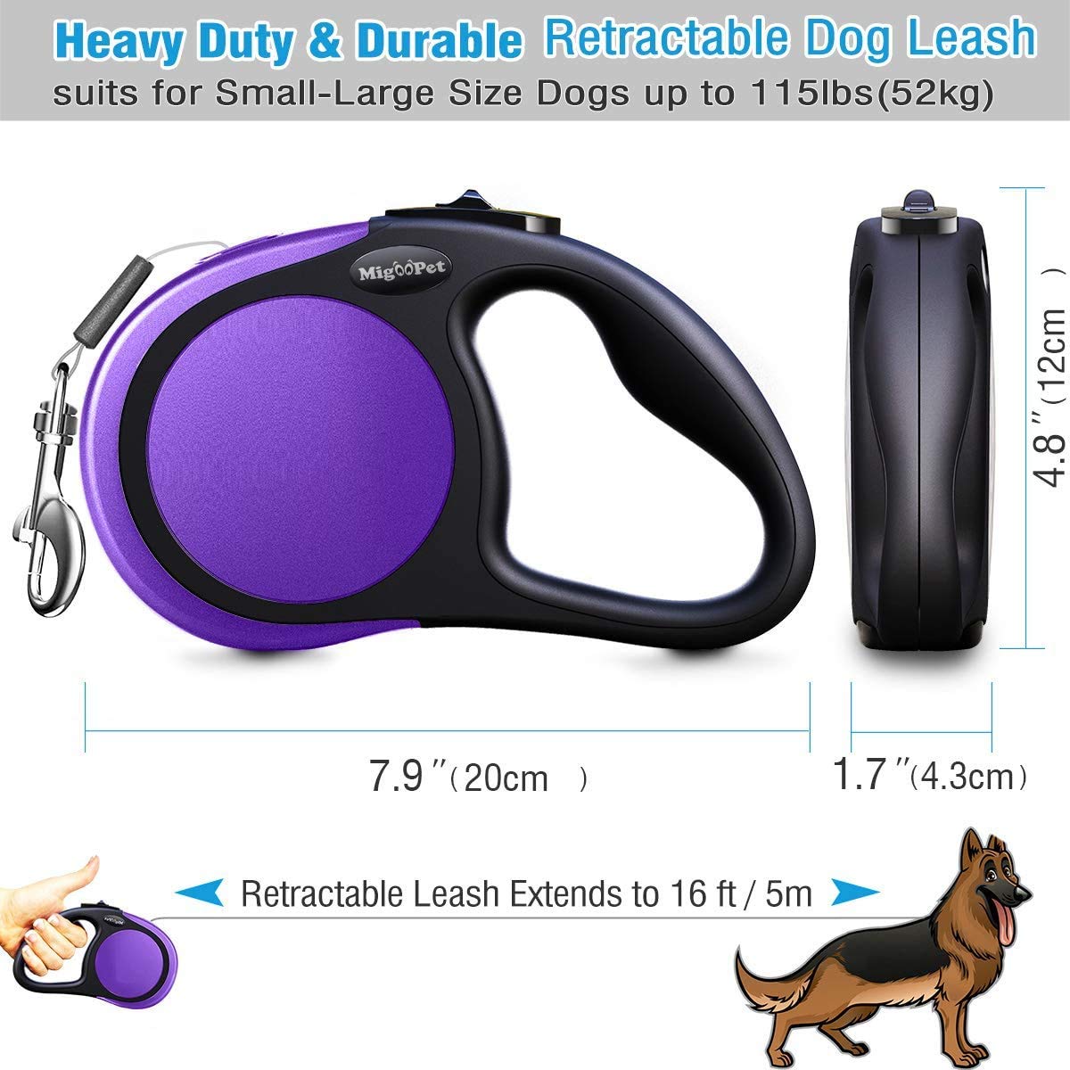 Heavy Duty Retractable Dog Leash-16ft Strong & Durable Walking Leash for S to L Dogs up to 45/115 lbs, Upgraded Lock System, Non