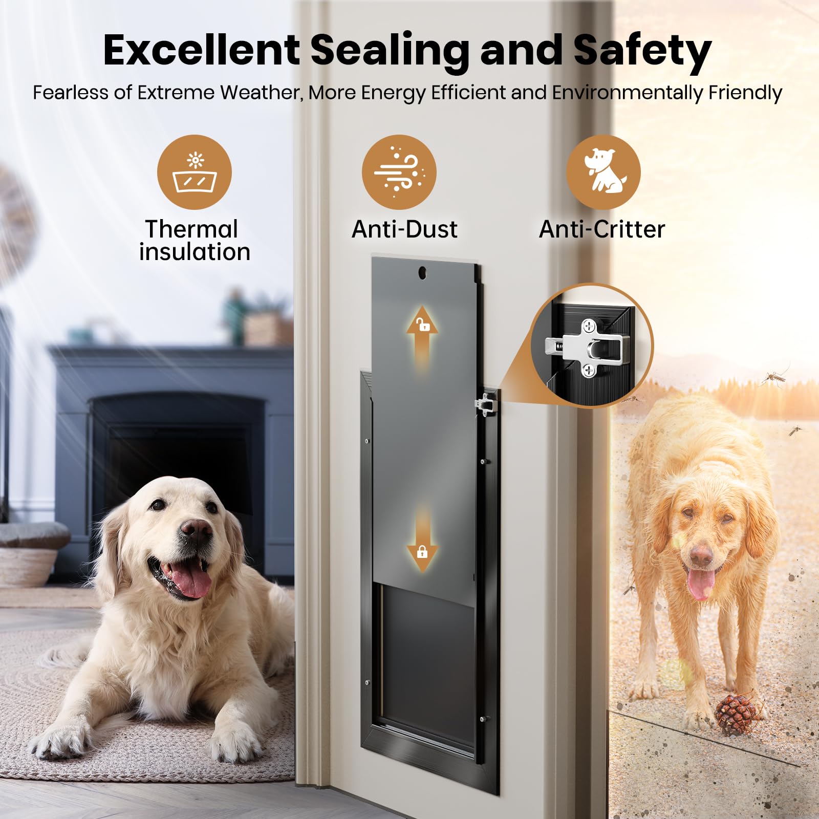 Dog Door For Door, Doggy Door Doggie Door, Medium Dog Door All Aluminum Black, Heavy Duty Pet Door, Double Magnetic Flaps, Therm