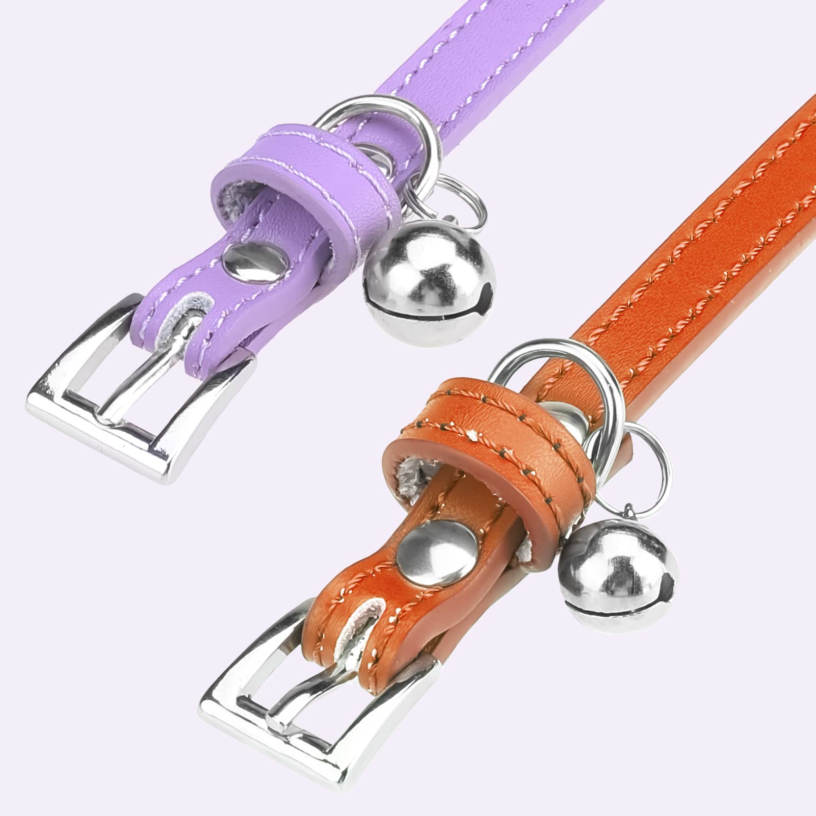 Pupteck 2 Pcs Soft Leather Cat Kitten Collar With Bells Adjustable For Girl Boy Cats Puppy - Orange, Purple