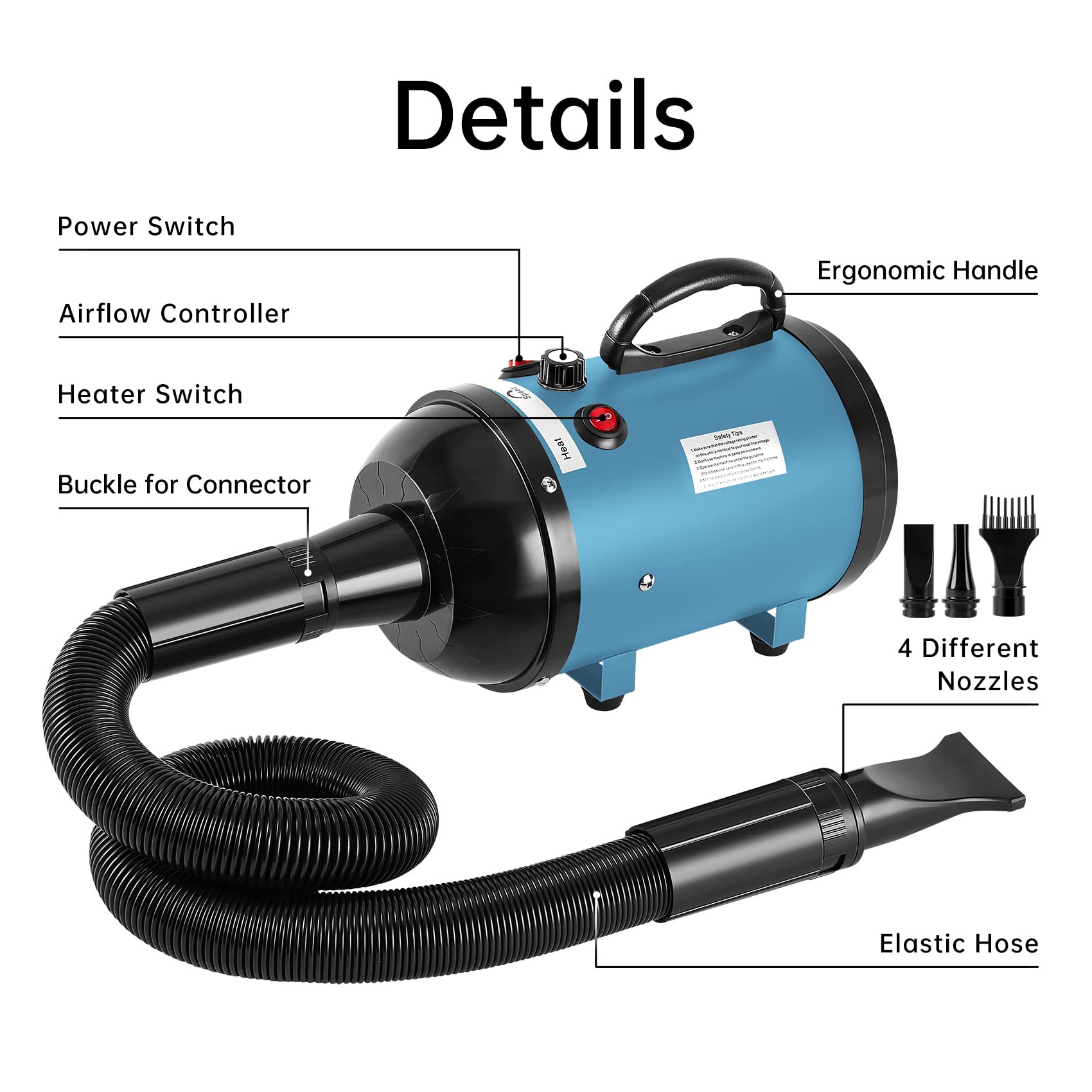 NESTROAD High Velocity Dog Dryer 4.3HP, Stepless Speed Adjustment, Metal, Blue, Ideal for Pet Grooming with 4 Nozzles