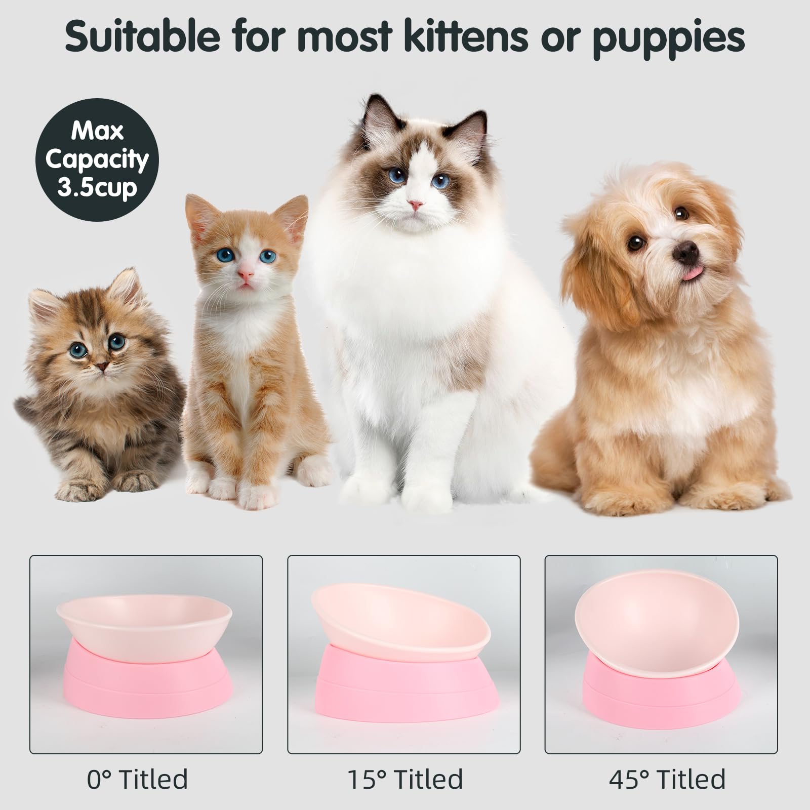 Bulldog Bowl Anti-Slip Dog Cat Dish Detachable Rubber Dog Bowl Pet Sterile Tilted Pet Feeder Slope Base (Pink, 3.5 Cup (Medium/L