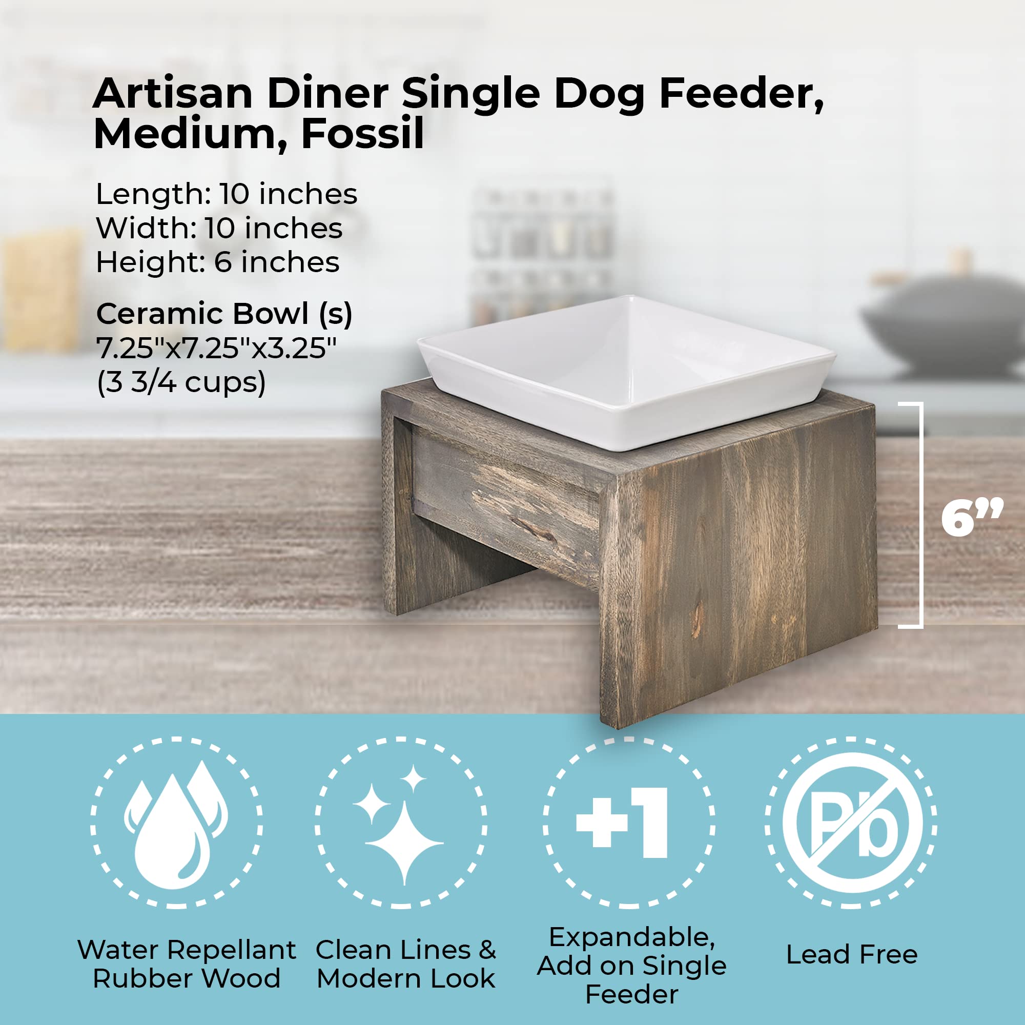 Bowsers Artisan Diner Single Dog Feeder - Handcrafted Rubberwood Frame with Square Ceramic Bowl Feeder for Dogs - Fossil, Medium