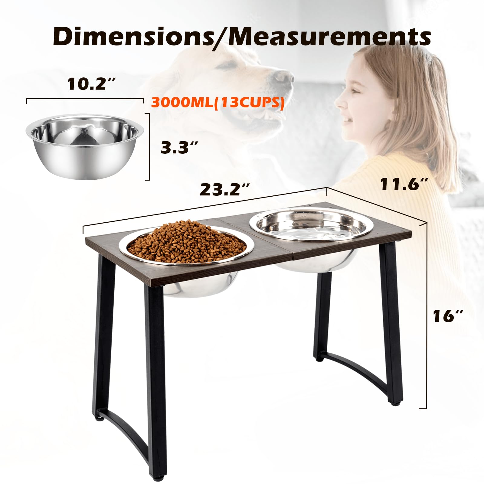 ADENGL Elevated Dog Bowls Set - 16" Tall Feeder with 2×3000ML Stainless Steel Bowls for X-Large Dogs, Coffee-Slow Feeder, Heavy-Duty