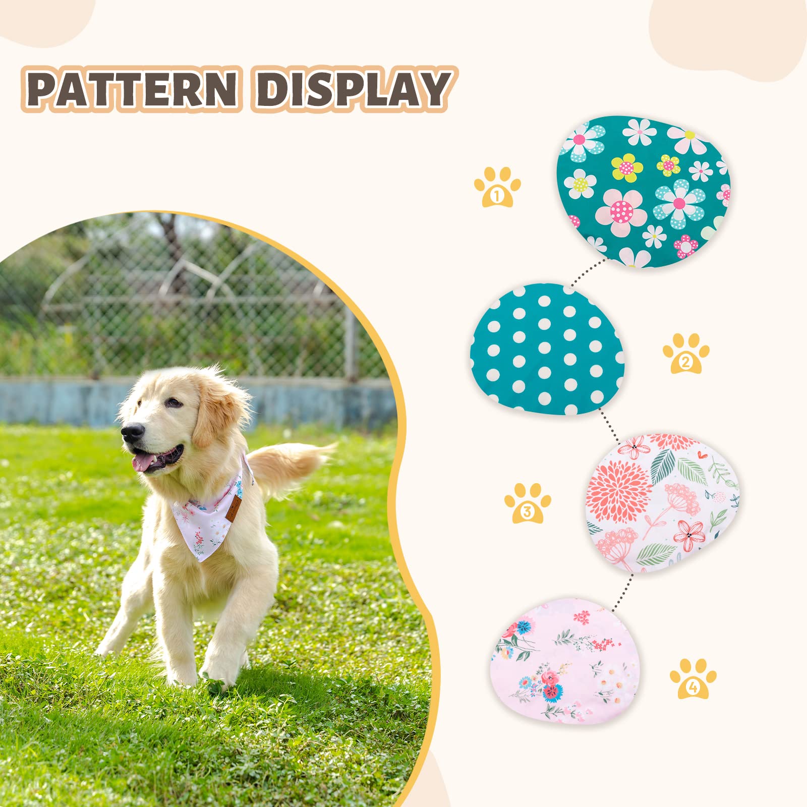 Charcy Dog Bandanas 4 Pack - Fall Bandanas For Boy & Girl, Adjustable Dog Scarf, Durable, Unique Design - Colorful Flower Large
