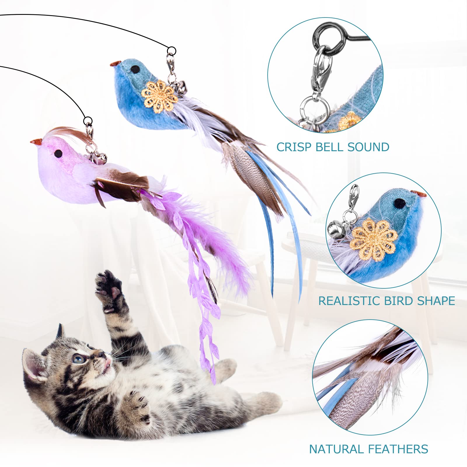 Hosfroll Cat Toys Wand, Interactive Cat Toy With Super Suction Cup Sticky Detachable 12 Pcs Feather Replacements 2 Wands Cat Spring Feather Toys For Indoor Cats Kitten Toys (4 Birds Replacements)