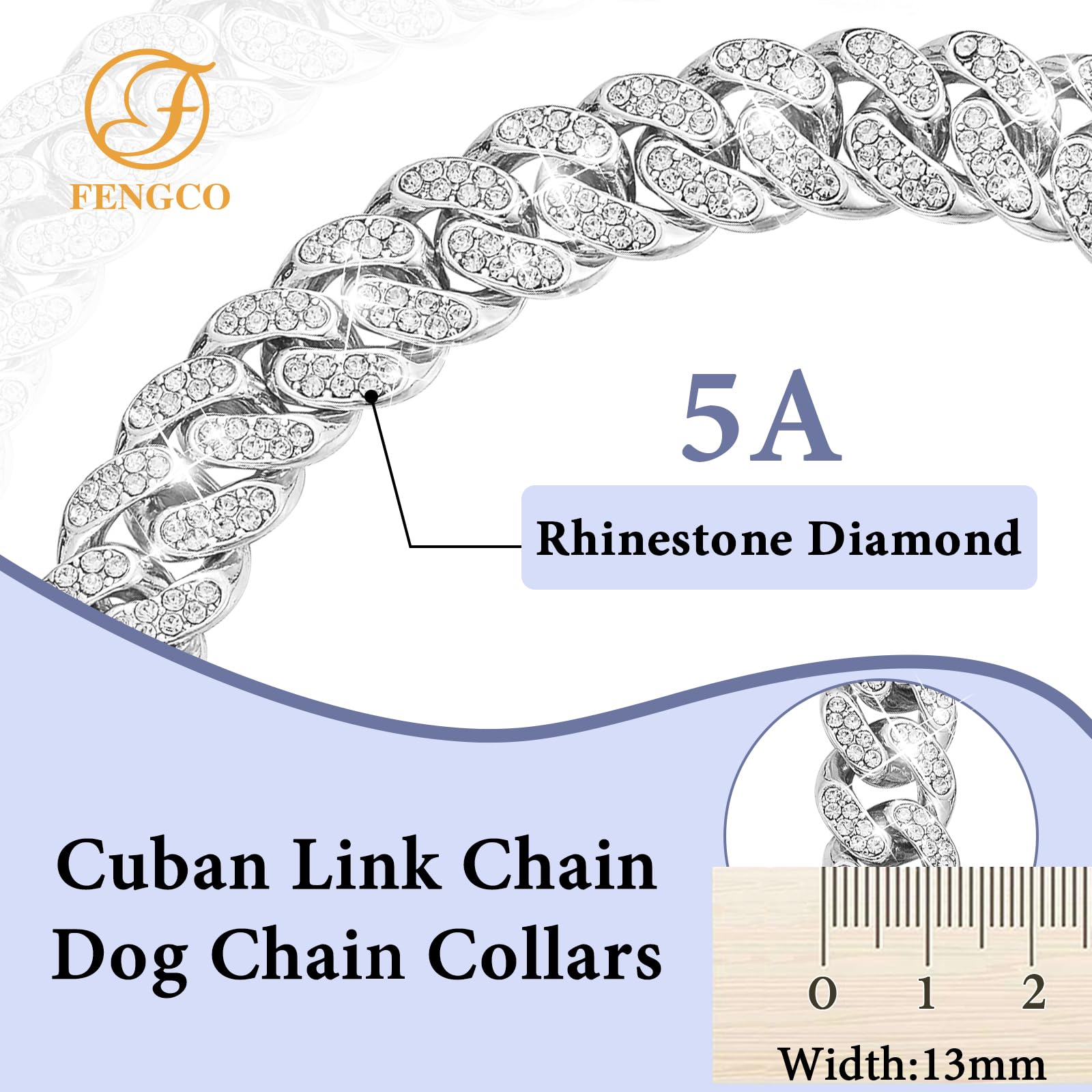 Silver Dog Chain Collar Diamond Cuban Link Dog Collar 13Mm Wide Dog Necklace Metal Cat Chain Pet Crystal Collar Jewelry Accessor