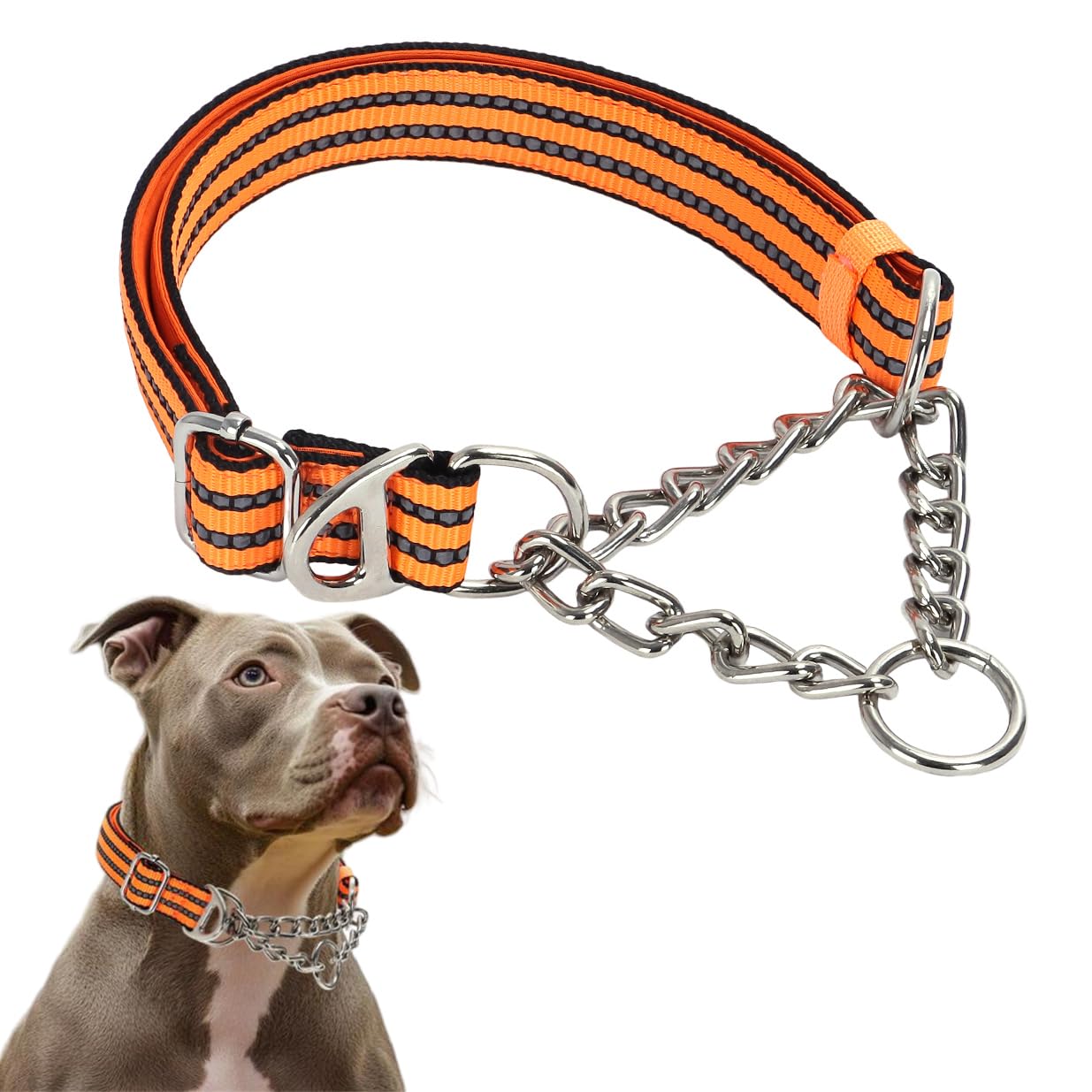 Martingale Collar For Large Dogs, Male Reflective Nylon Dog Chain Collar Escape Proof Heavy Duty Dog Collar With Stainless Steel