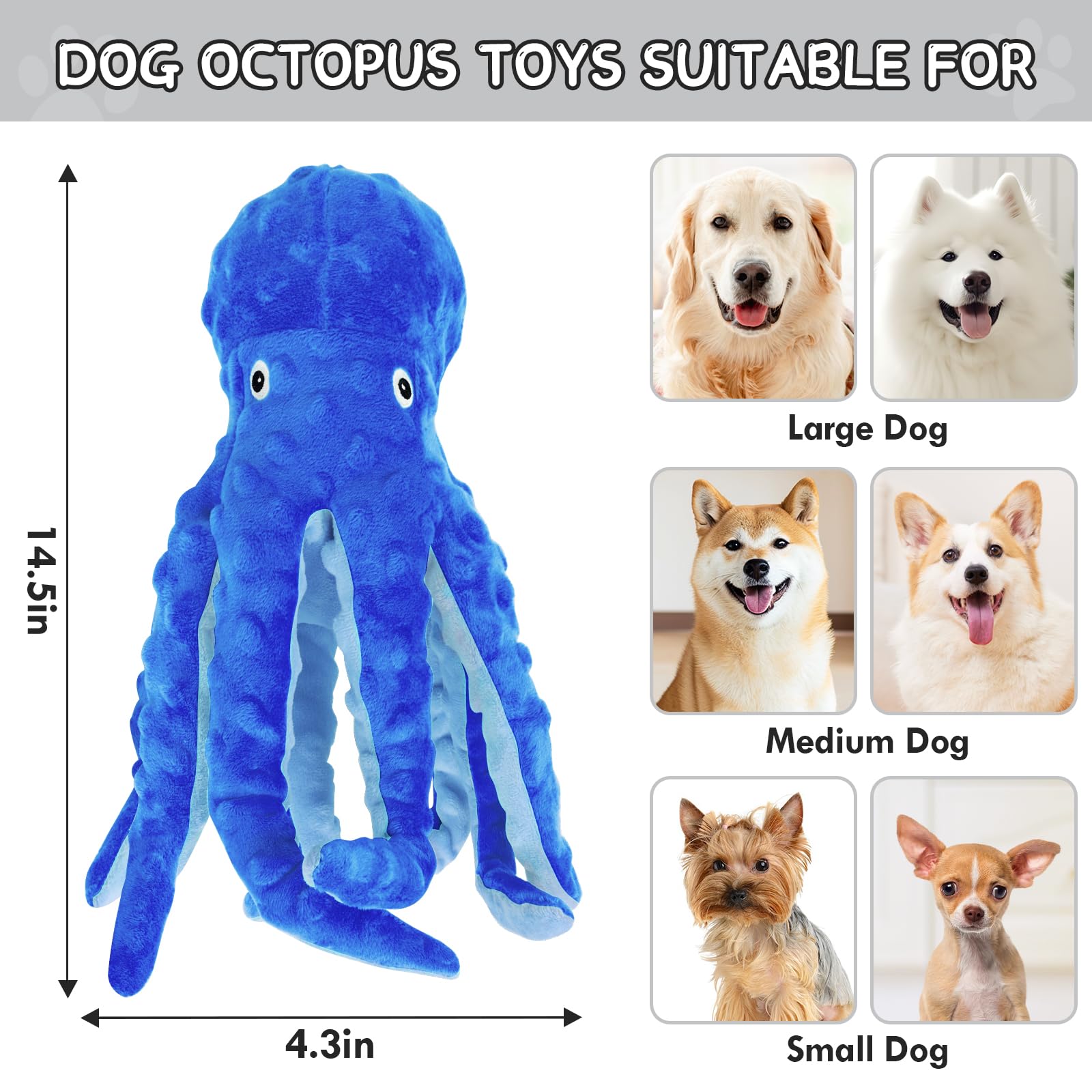Chngeary Octopus Squesky Dog Toys For Large Medium Small Dogs, Stuffed And Tough Plush Dog Toys For Aggressive Chewers(Blue)