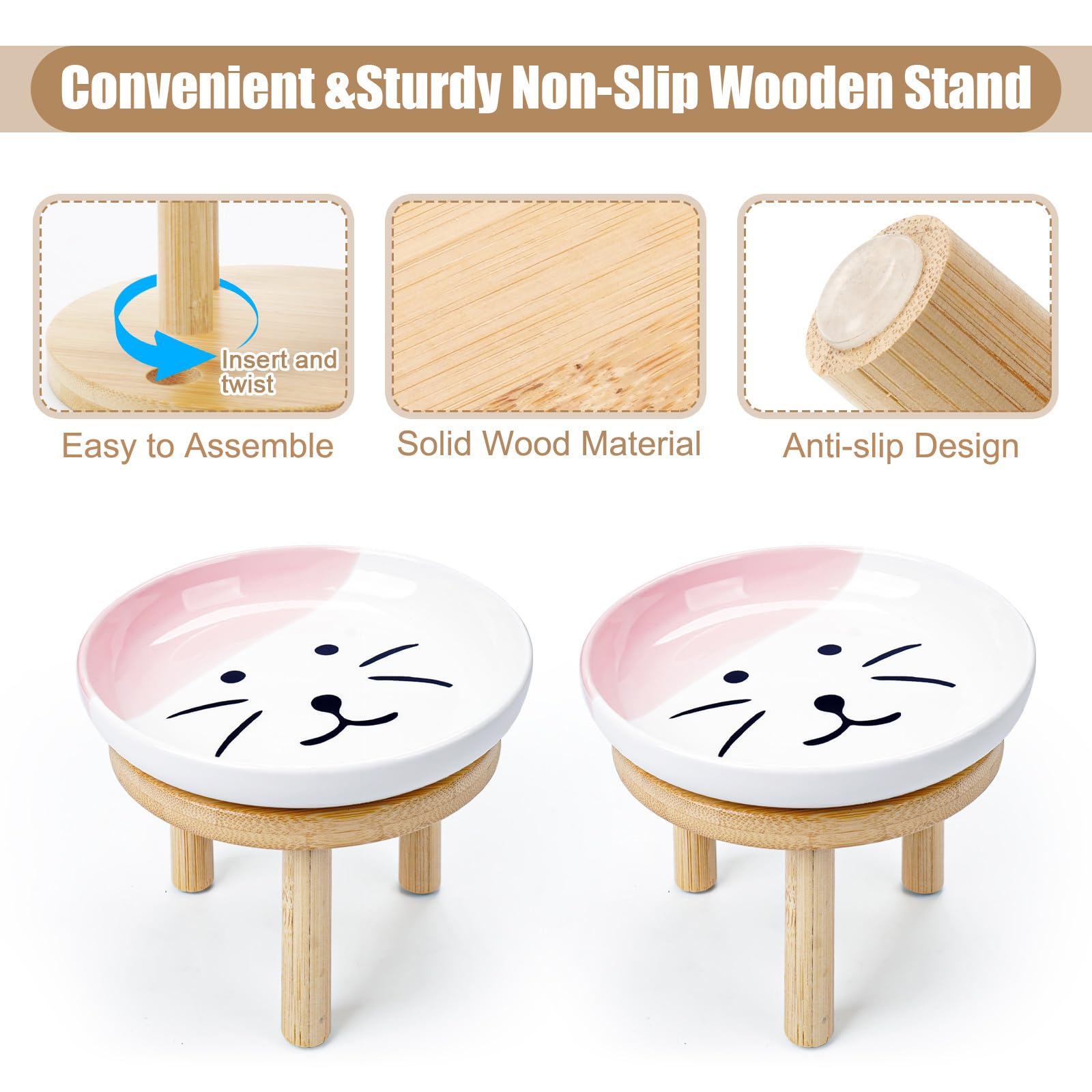 Shallow Elevated Cat Bowls with Bamboo Stand, 5.9 Inch Wide Ceramic Cat Dish Whisker Friendly, 2 Pack Pet Food and Water Plates