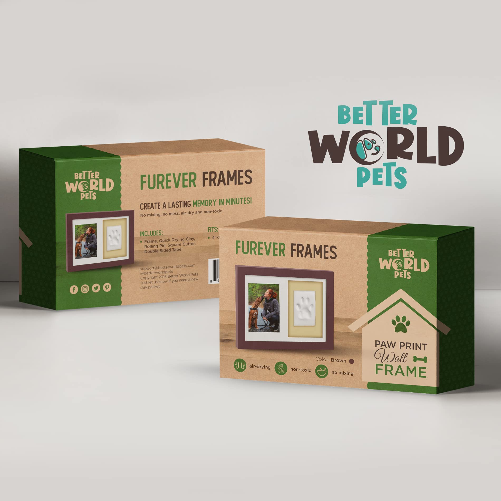 Better World Pets Paw Print + Photo Keepsake Frame Holds 4 X 6 Inch Picture – Memorial Clay Imprint Kit – For Dogs And Cats – Perfect For Pet Lovers – Wall Mount, Brown