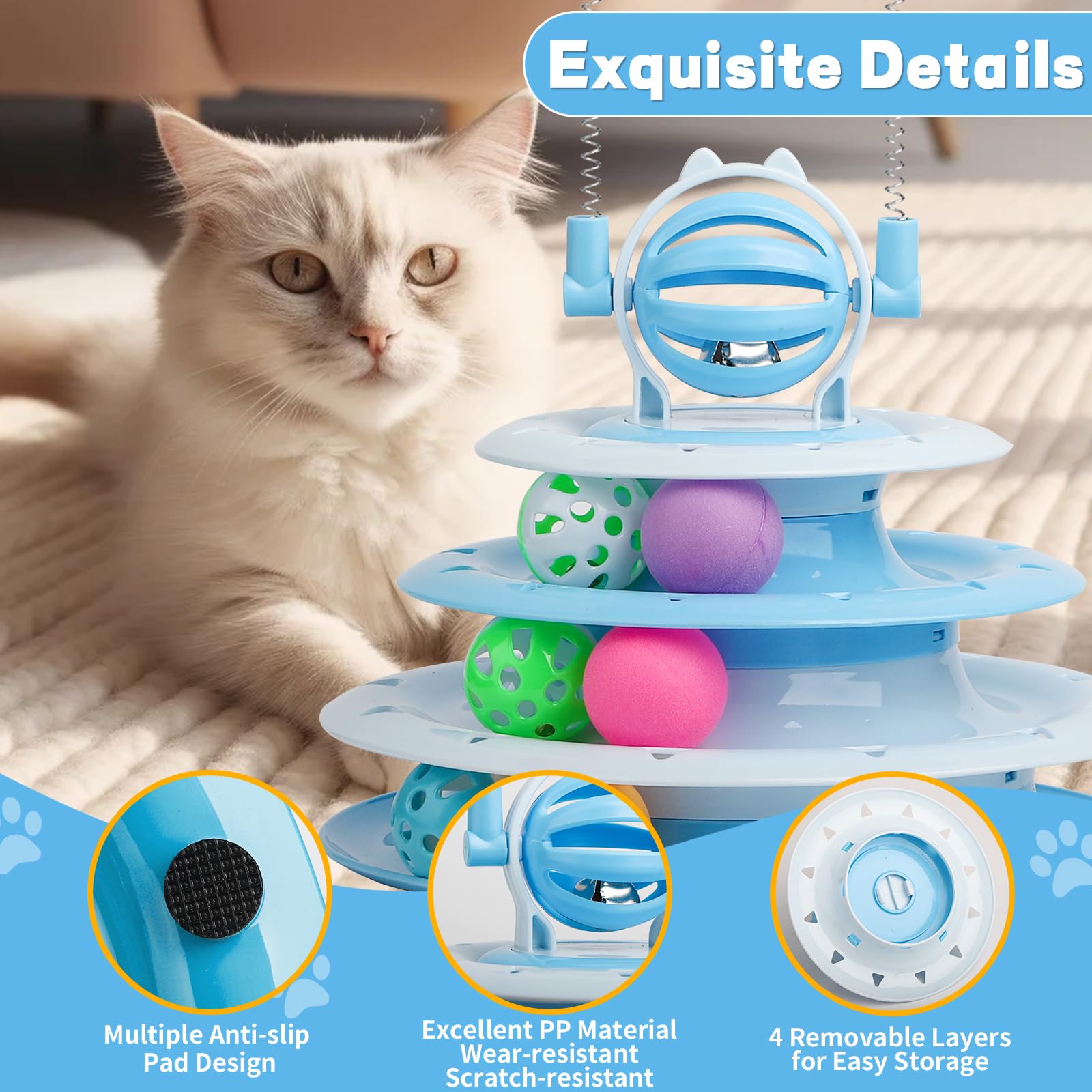 Goosheep Interactive Cat Toy - Puzzle Ball with 2 Cat-Tease, Blue
