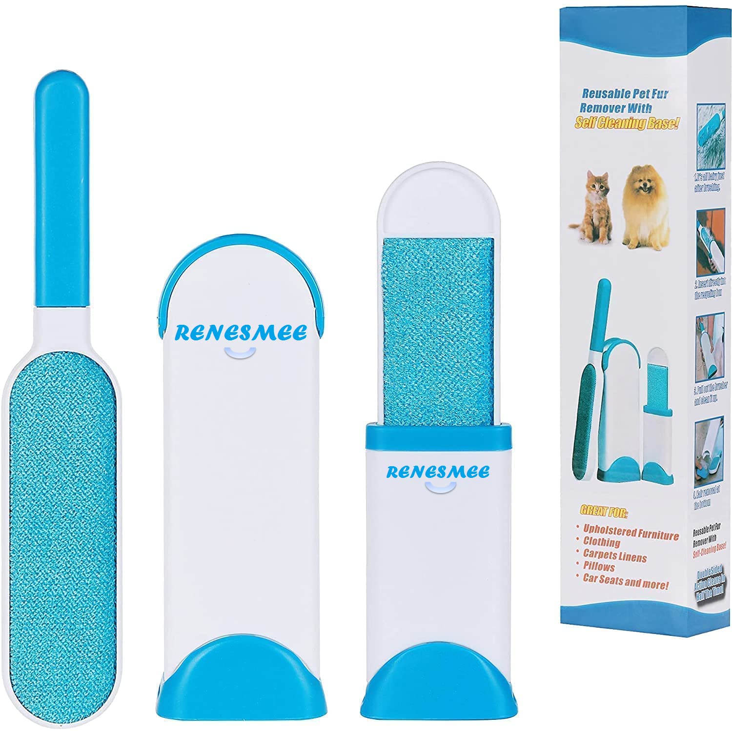 Renesmee Pet Cat Hair Remover  DoubleSided StandardSize, Travel Pet Hair Removal Brush, SelfCleaning Base  Remove Cat And D