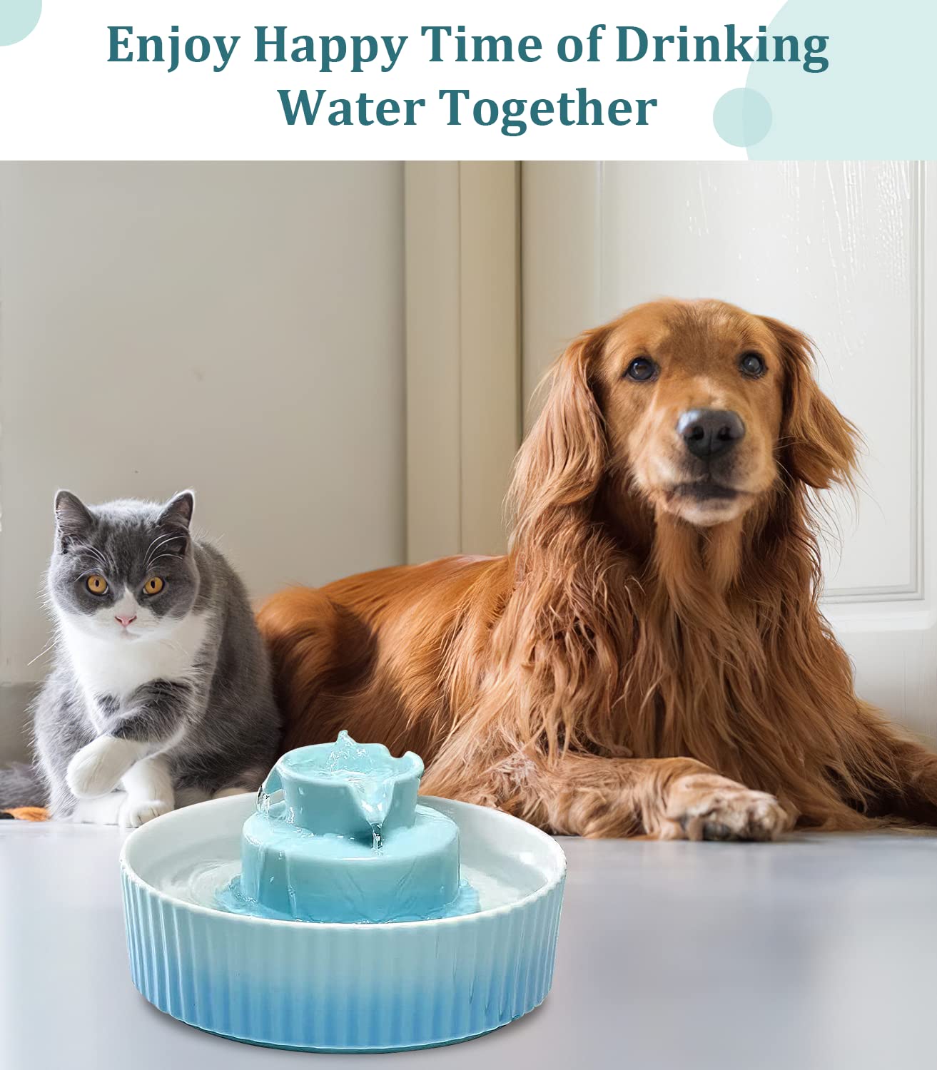 NautyPaws Ceramic Cat Water Fountain, Ceramic Pet Fountain, 2.1 L Drinking Fountains Bowl for Cats and Dogs with Replacement Fil