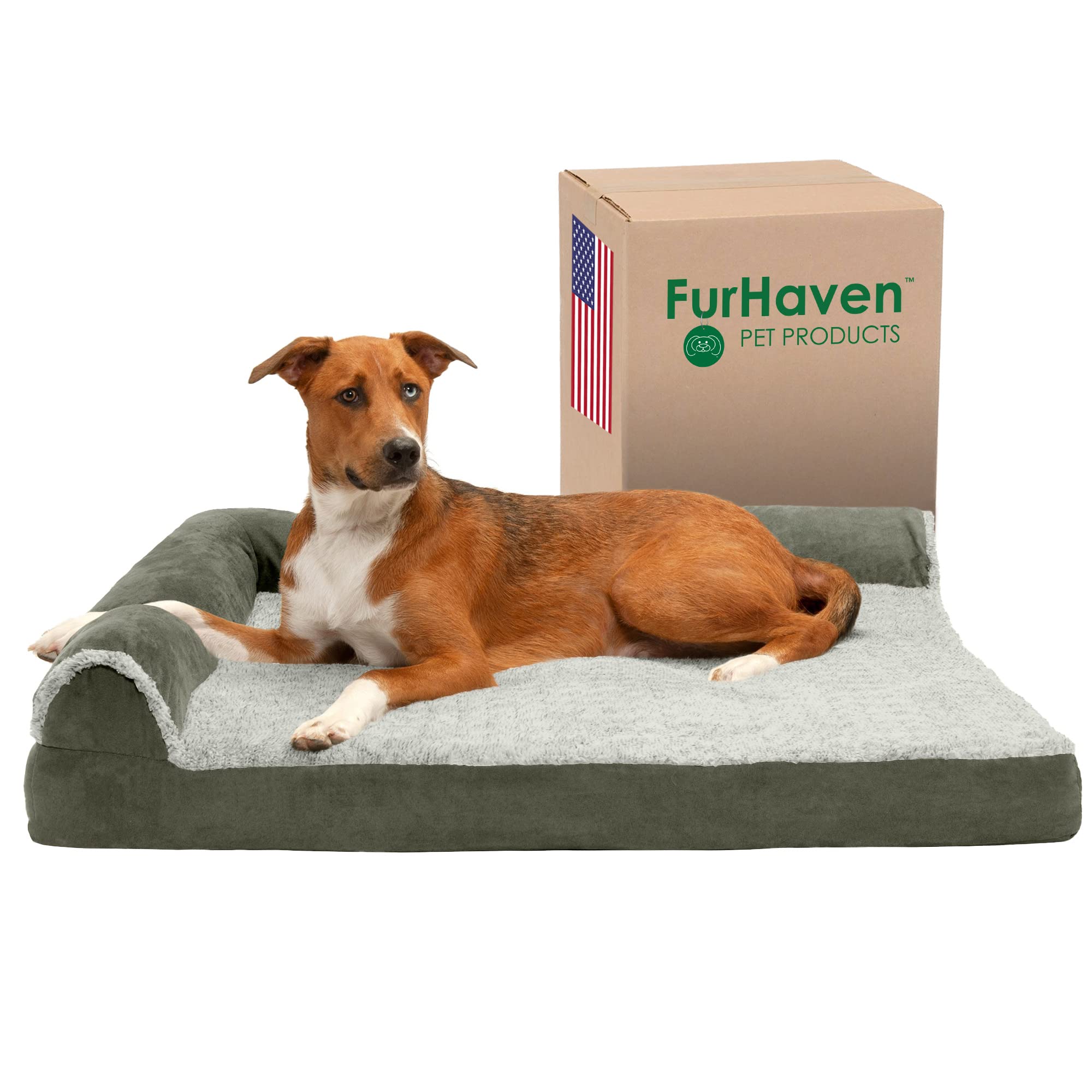 Furhaven Cooling Gel Dog Bed For Large Dogs W/ Removable Bolsters & Washable Cover, For Dogs Up To 95 Lbs - Two-Tone Plush Faux Fur & Suede L Shaped Chaise - Dark Sage, Jumbo/Xl