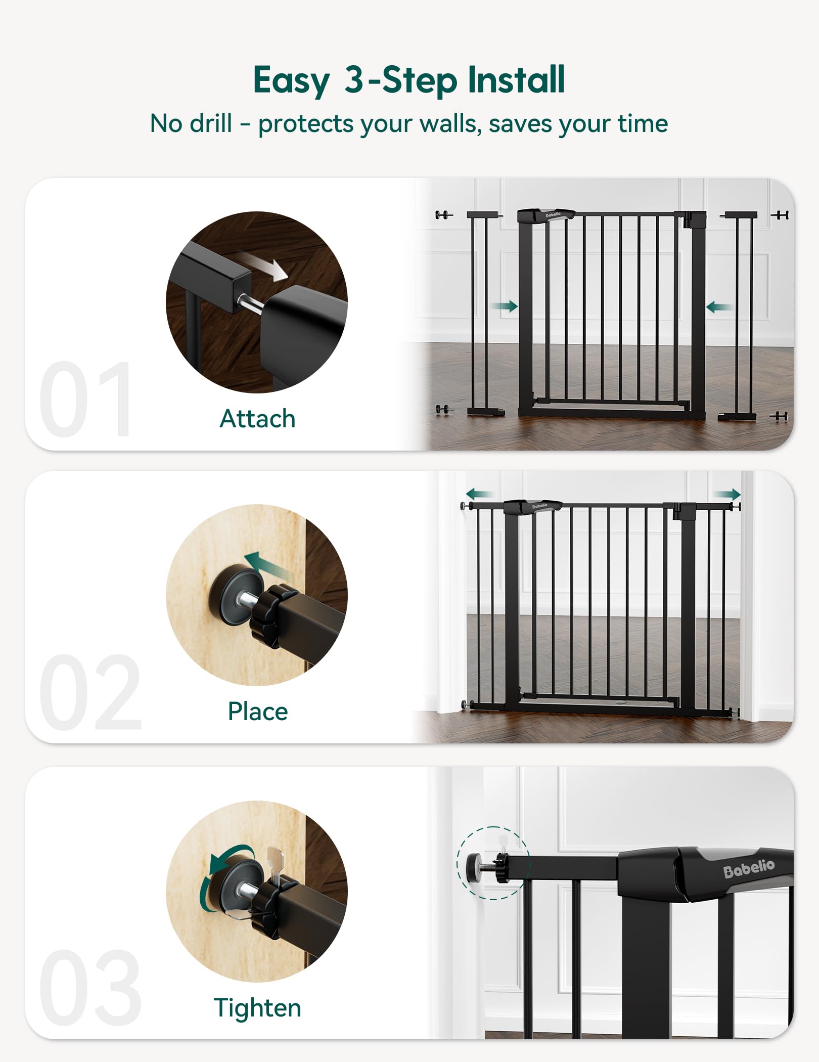 Babelio Baby Gate for Doorways and Stairs, PressGuard P7 Auto Close Dog Gate, 36 Tall Easy Install Pressure Mounted, fits for 29
