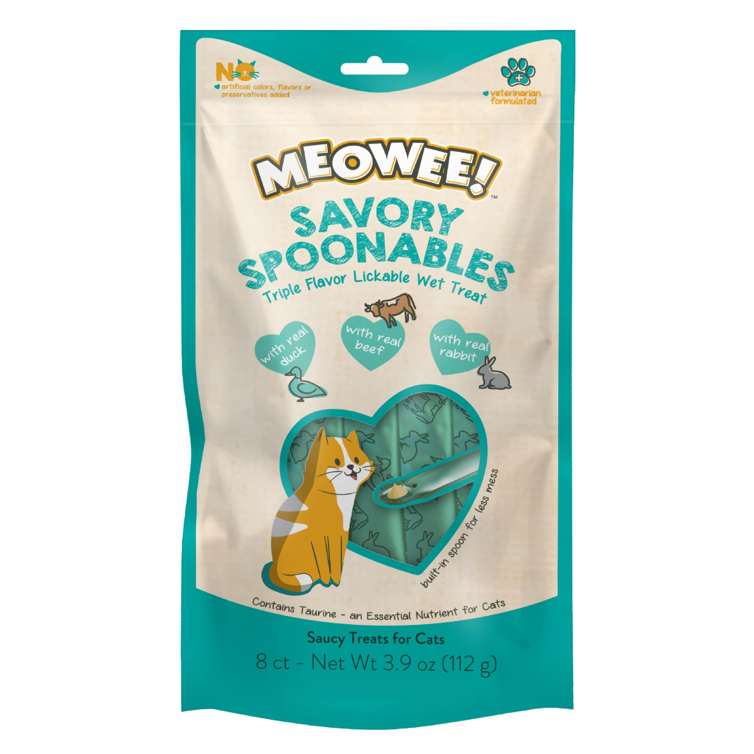 MEOWEE! Savory Spoonables with Real Duck, Beef and Rabbit for Cats, 8 Count, Treat Your Cat to Triple Flavor Squeezable Lickable