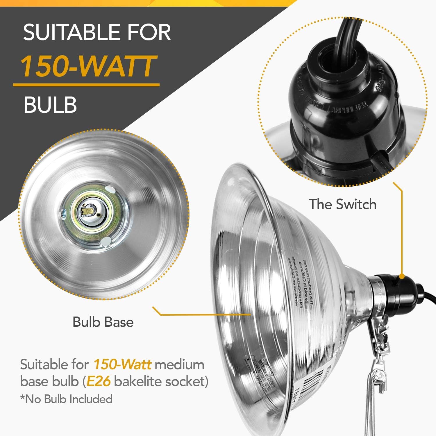 Simple Deluxe 1-Pack Clamp Lamp Light With 8.5 Inch Aluminum Reflector Up To 150 Watt E26 (No Bulb Included), Silver And Black