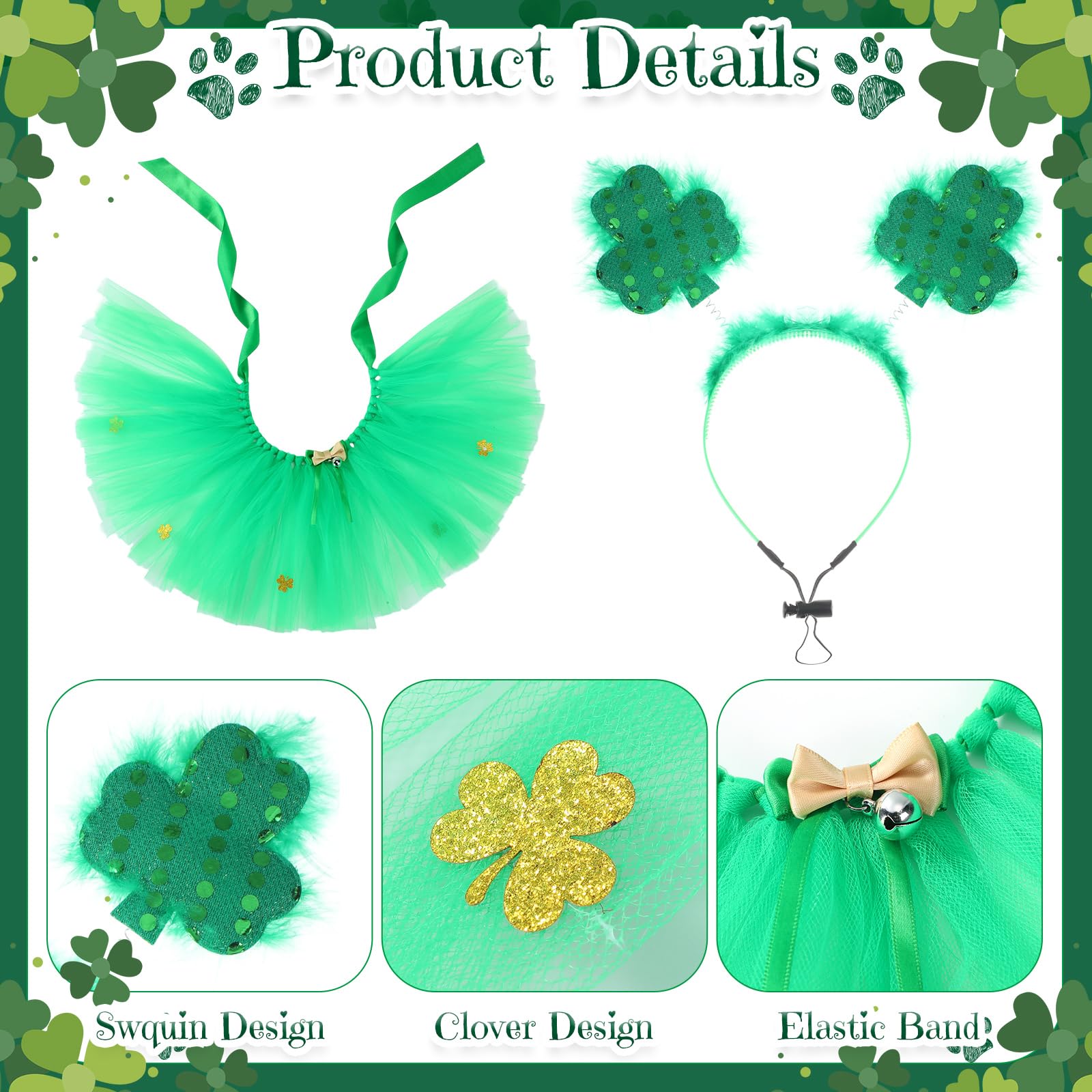 Siltriangle 3 Pcs St Patrick'S Day Dog Costume Set Including Sequins Shamrock Headband St. Patrick'S Day Dog Tutu Dress Cute Pet