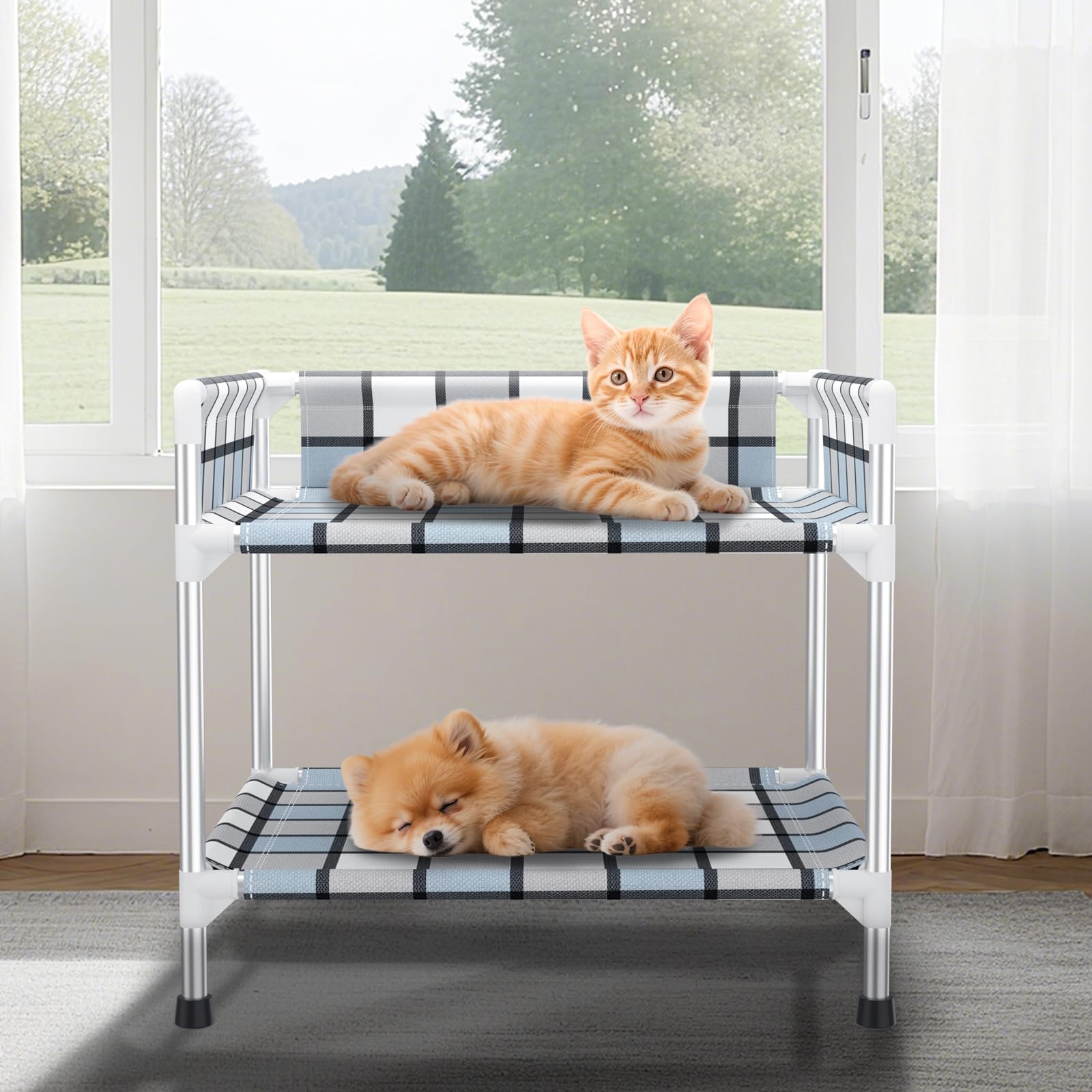 Bedside Window Dog Bunk Bed - Double Elevated Human Dog Bed with Guardrail 2 Layers Window Perch Dogs Cot 2-Tier Bedside Sleeper