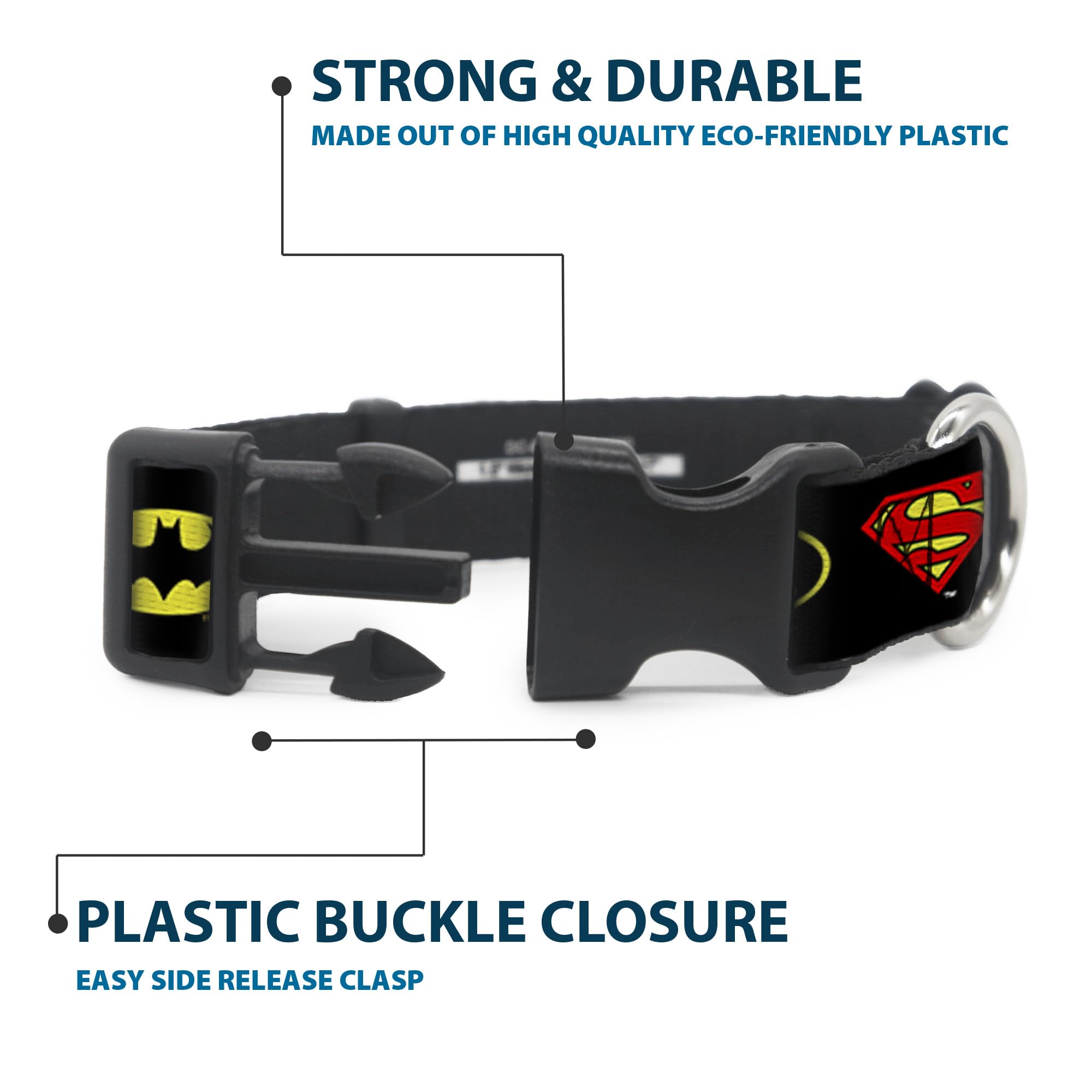 Dog Collar Plastic Clip Justice League 6 Superhero Logos Black 13 to 18 Inches 1.5 Inch Wide