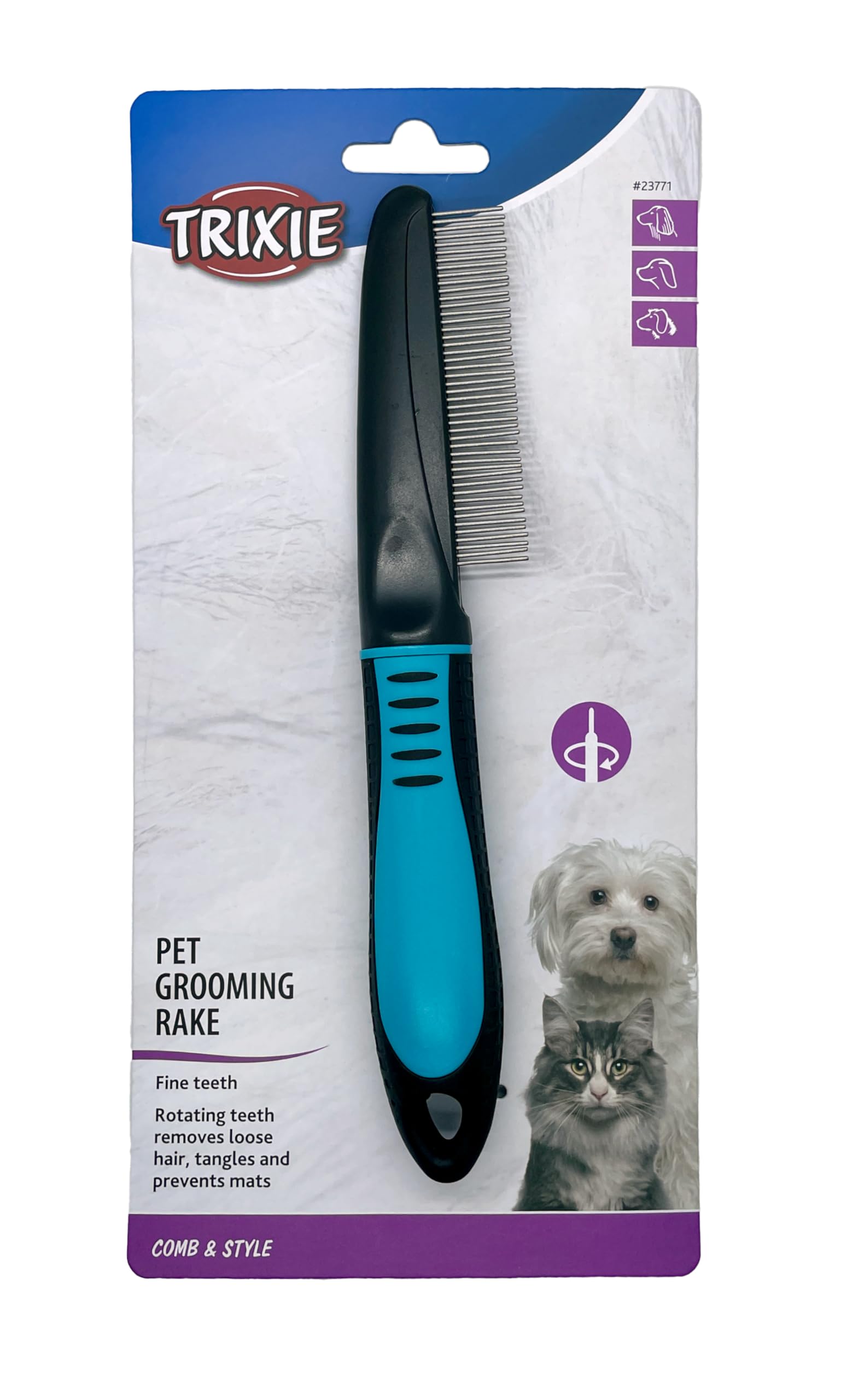 Trixie Pet Grooming Rake, Fine Tooth, For Dogs And Cats, Rotating Teeth Removes Loose Hair, Tangles, And Mats, 8.7'' (22Cm)