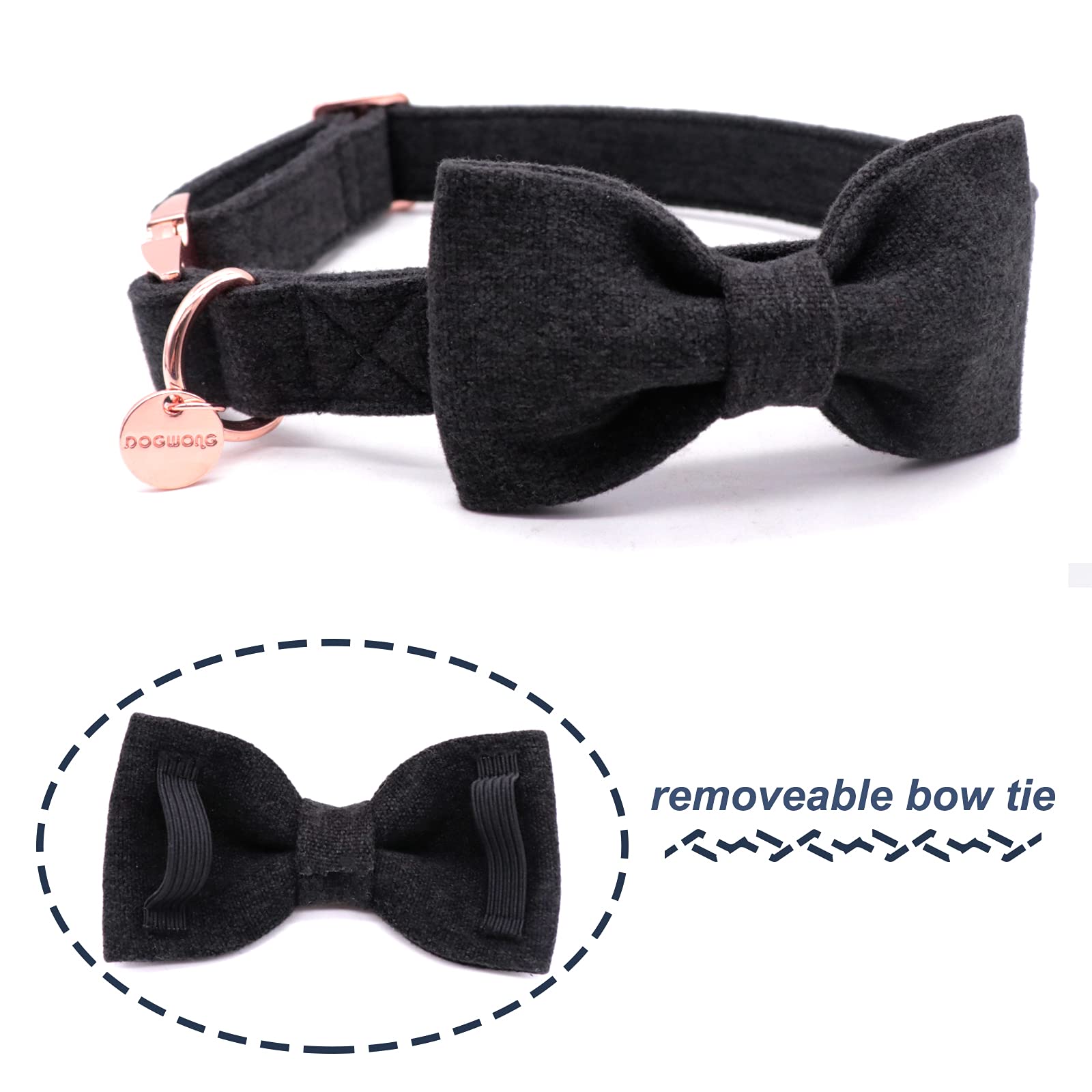 Dogwong Hemp Cotton Dog Collar With Bow, Black Pet Collar Durable Adjustable Puppy Collar For Small Medium Large Dogs