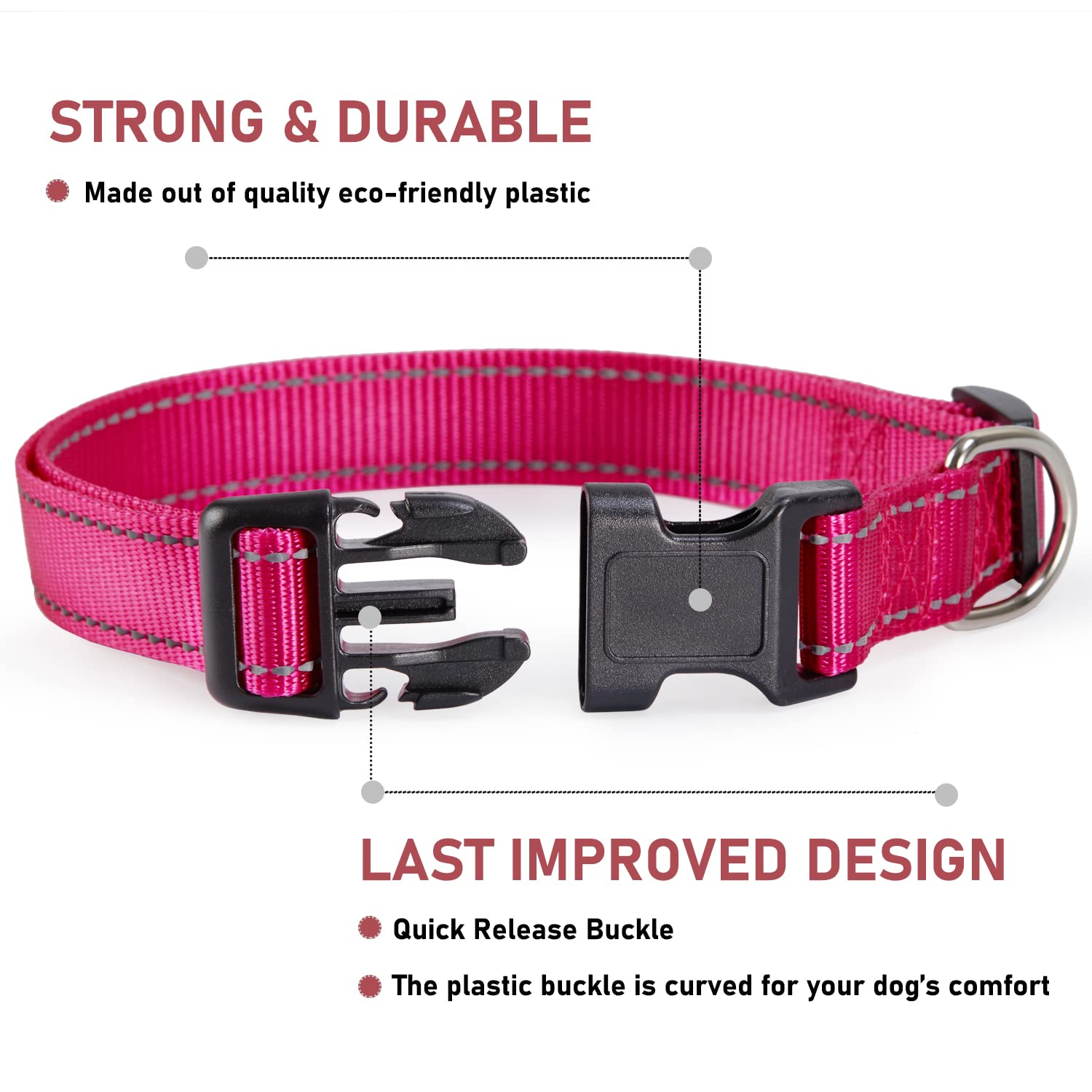 Reflective Dog Collar With Buckle Adjustable Safety Nylon Collars For Small Medium Large Dogs, Hotpink Xxs