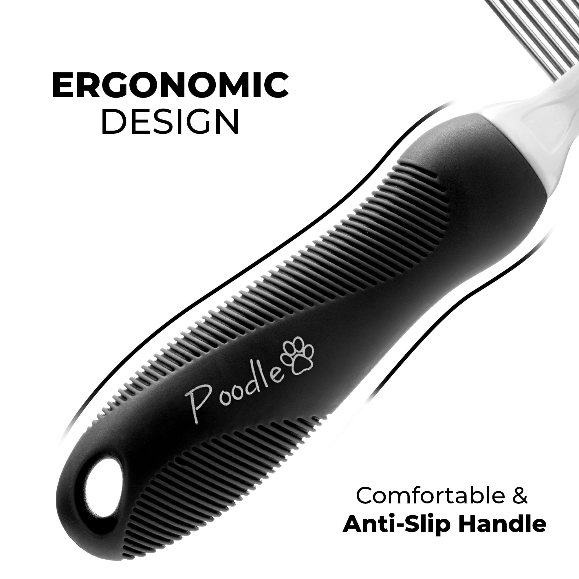 Poodlie Poodle Pet Dog Combs For Grooming Matting - Metal Comb For Dogs With Long & Short Stainless Steel Teeth - Dematting Comb For Cats To Remove Matted Hair & Knots, Black