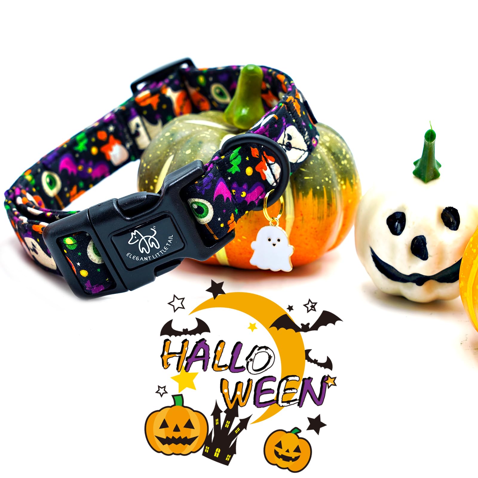 Elegant Little Tail Halloween Dog Collar, Ghosts Print Fall Male Cute Puppy Adjustable Cotton Pet Collar With Quick Release Buck