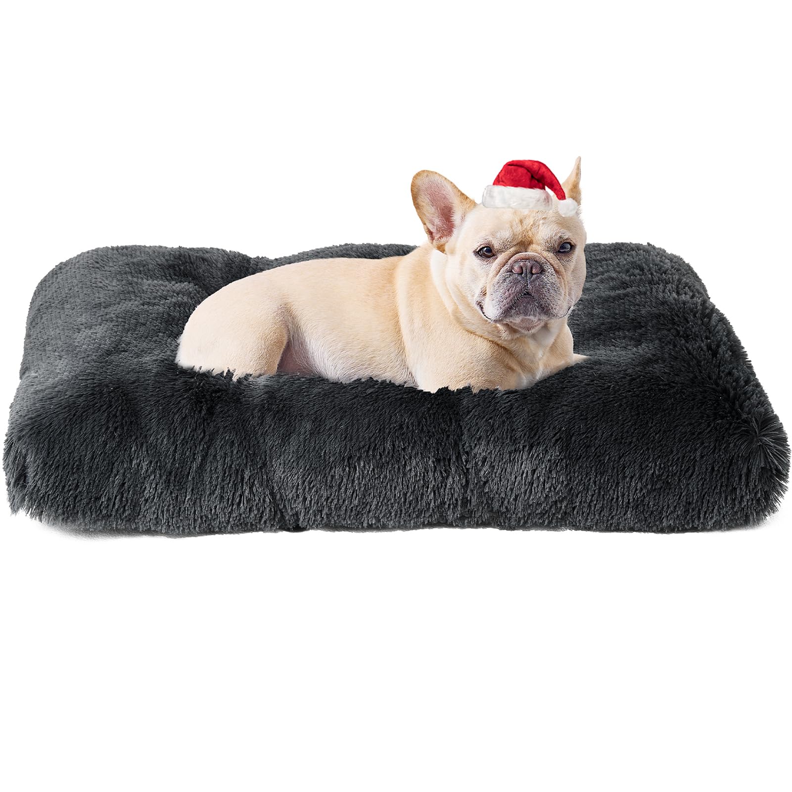 Eheyciga Fluffy Dog Crate Bed For Medium Dogs, Plush Faux Fur Dog Crate Pad, Calming Anti Anxiety Medium Dog Bed For Crate, Washable Soft Warm Dog Crate Mat With Non-Slip Bottom, Dark Grey