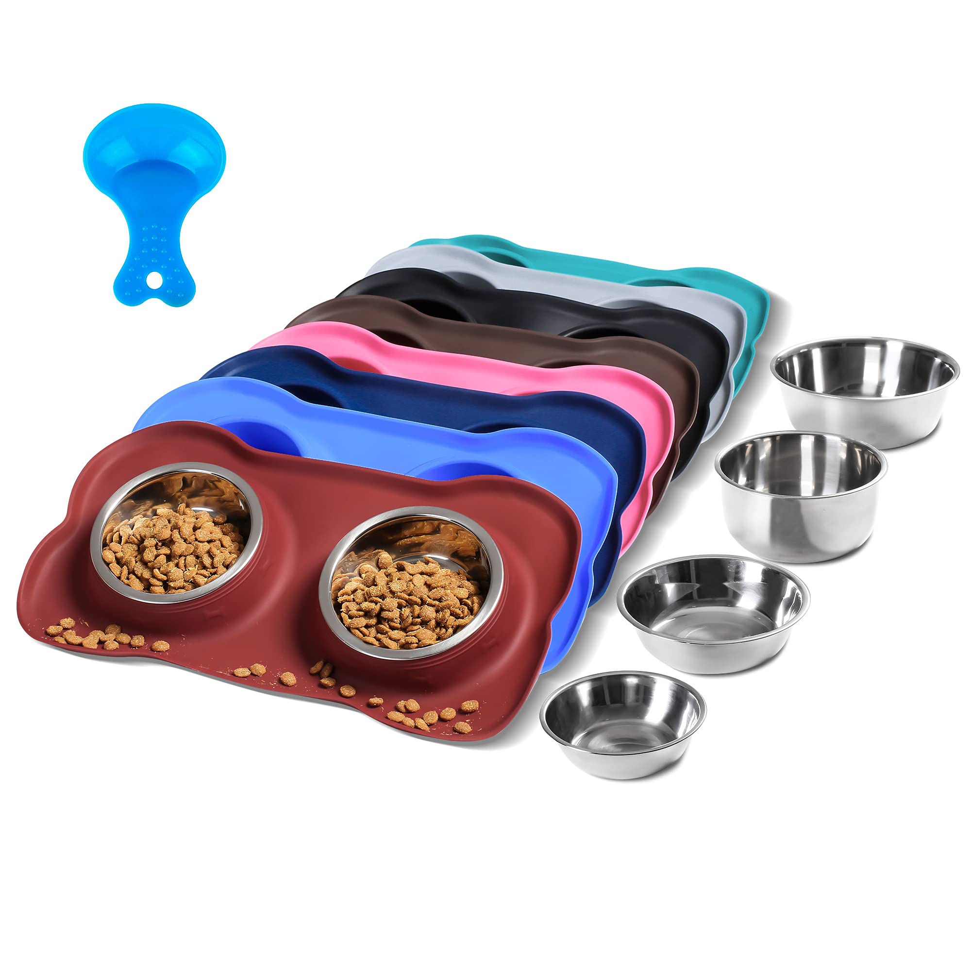 Hubulk Pet Dog Bowls 2 Stainless Steel Dog Bowl with No Spill Non-Skid Silicone Mat + Pet Food Scoop Water and Food Feeder Bowls