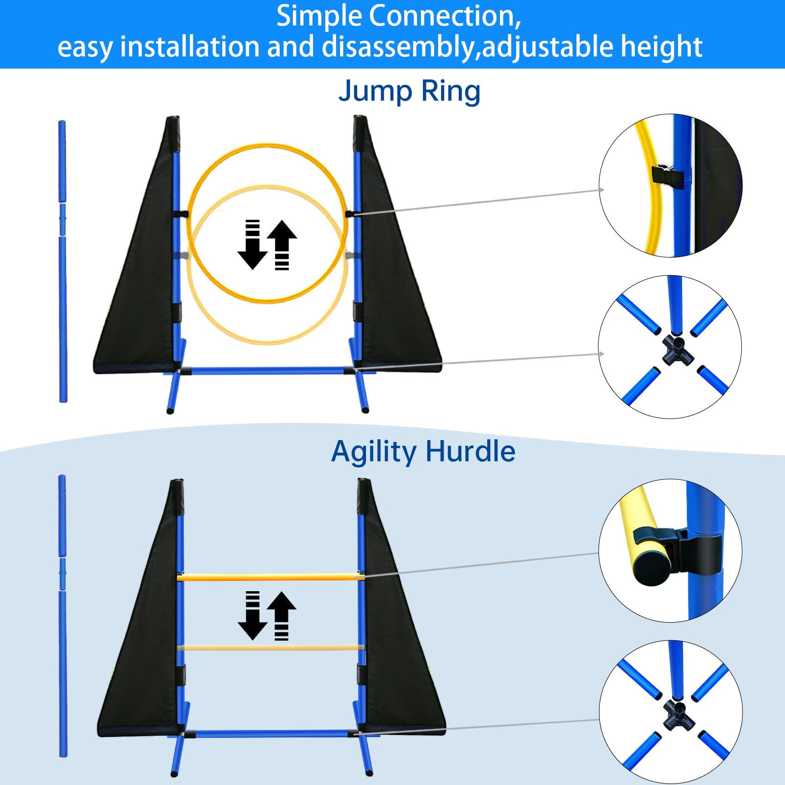 JOPAVO Dog Agility Course Set - 2x10ft Tunnels, Hurdles, Jump Ring, Weave Pole, Pause Box - Easy Setup, Blue, Model JO077