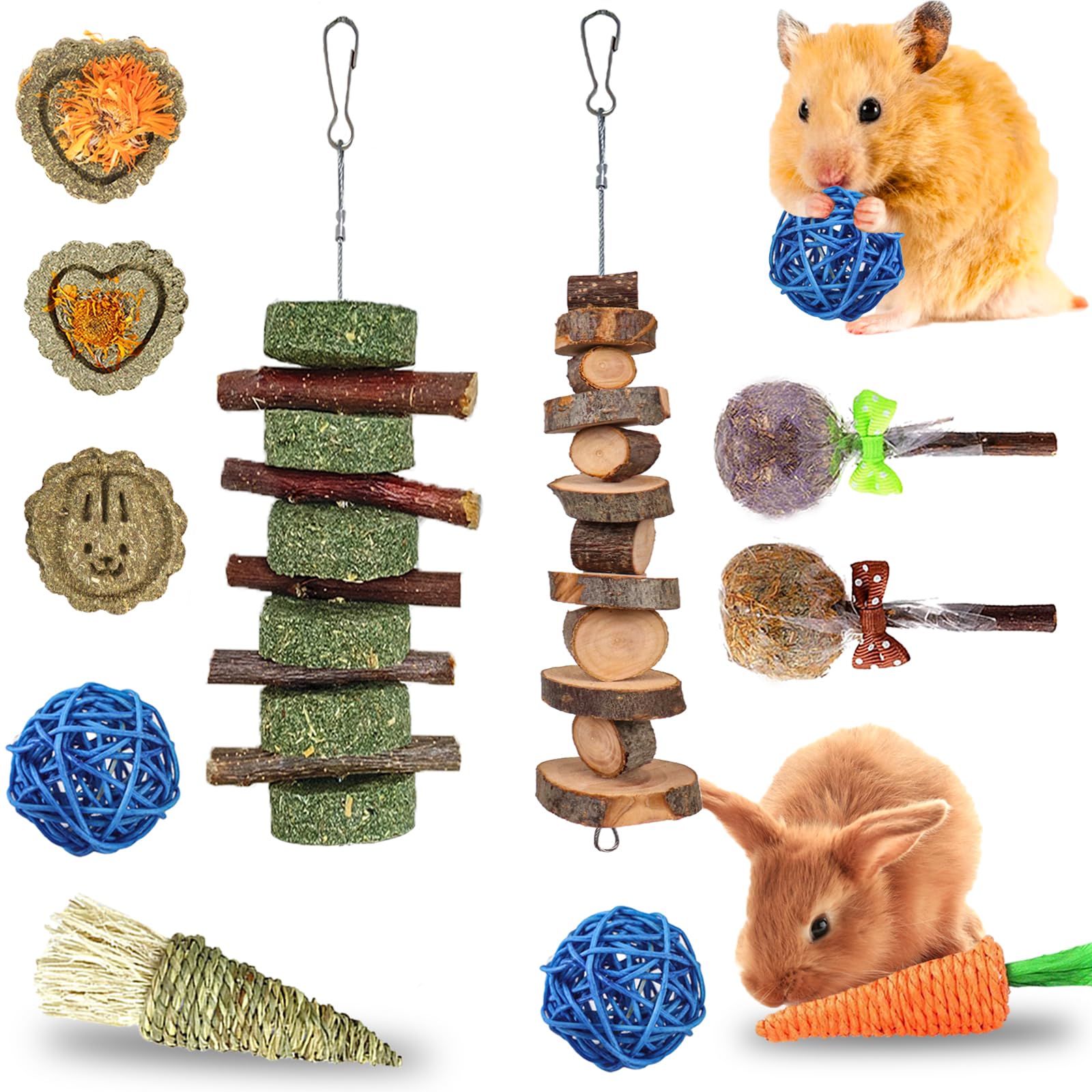 RUNANIA Rabbit Chew Toys for Teeth, Natural Wood Sticks Timothy Grass Chew Bunny Treat Toys for Rabbit Guinea Pig Hamster Chinch