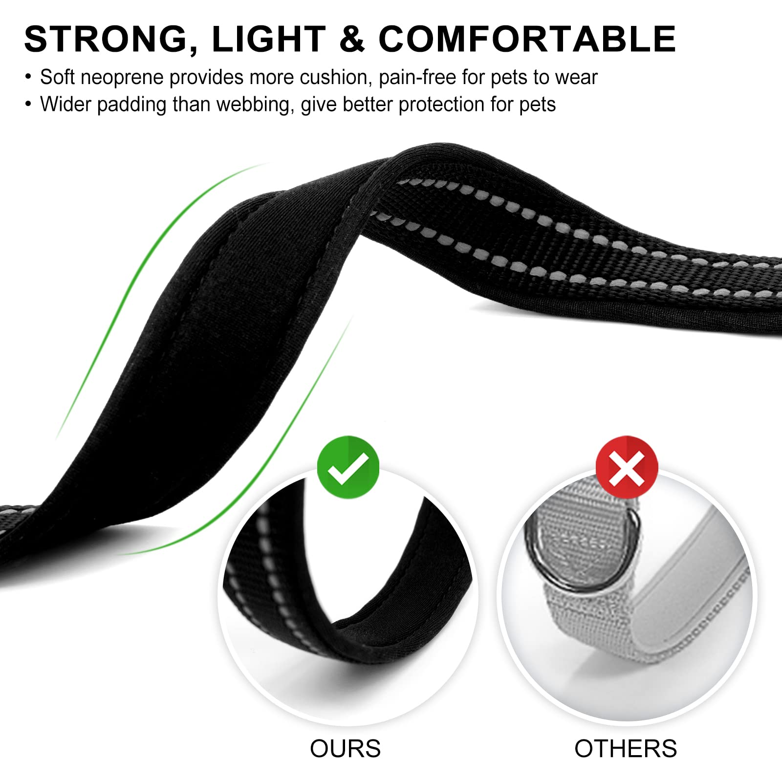 Azuza Reflective Dog Collar,Soft Neoprene Padded Pet Collar With Id Tag Ring,Adjustable For Large Dogs,Black,L