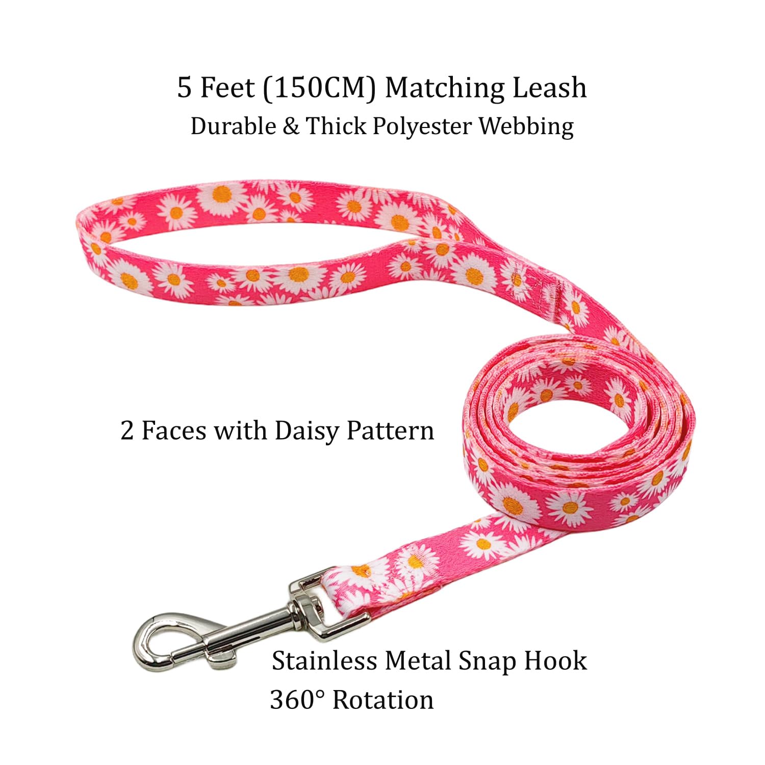 Olahibi Dog Collar And Leash Set, Cute Pink Daisy Pattern, Polyester Material, 5Ft Leash, For Large Dogs.(Large, Pink Daisy)